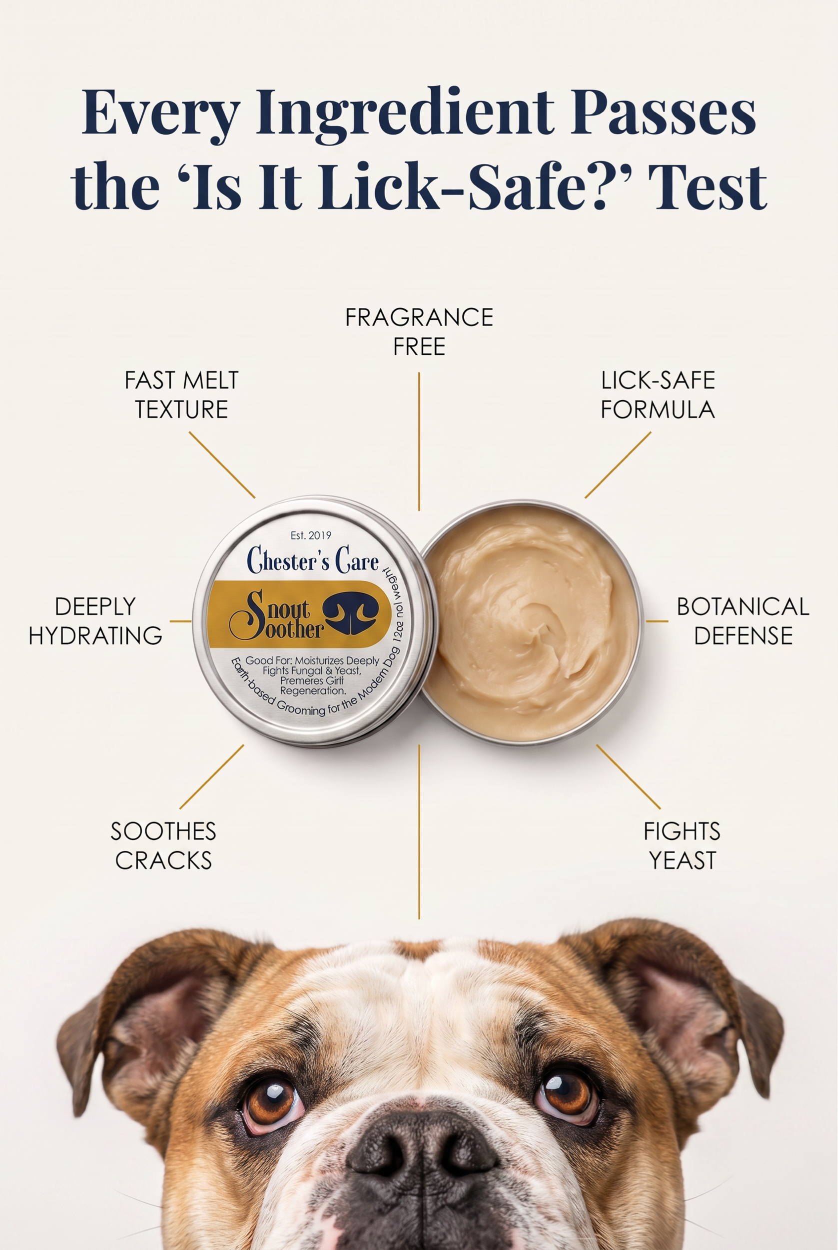 A promotional poster for a dog grooming product showing a close-up of a bulldog's face and a container of the grooming product. The poster headline reads, 'Every Ingredient Passes the 'Is It Lick-Safe?' Test' with labels pointing to the product descr