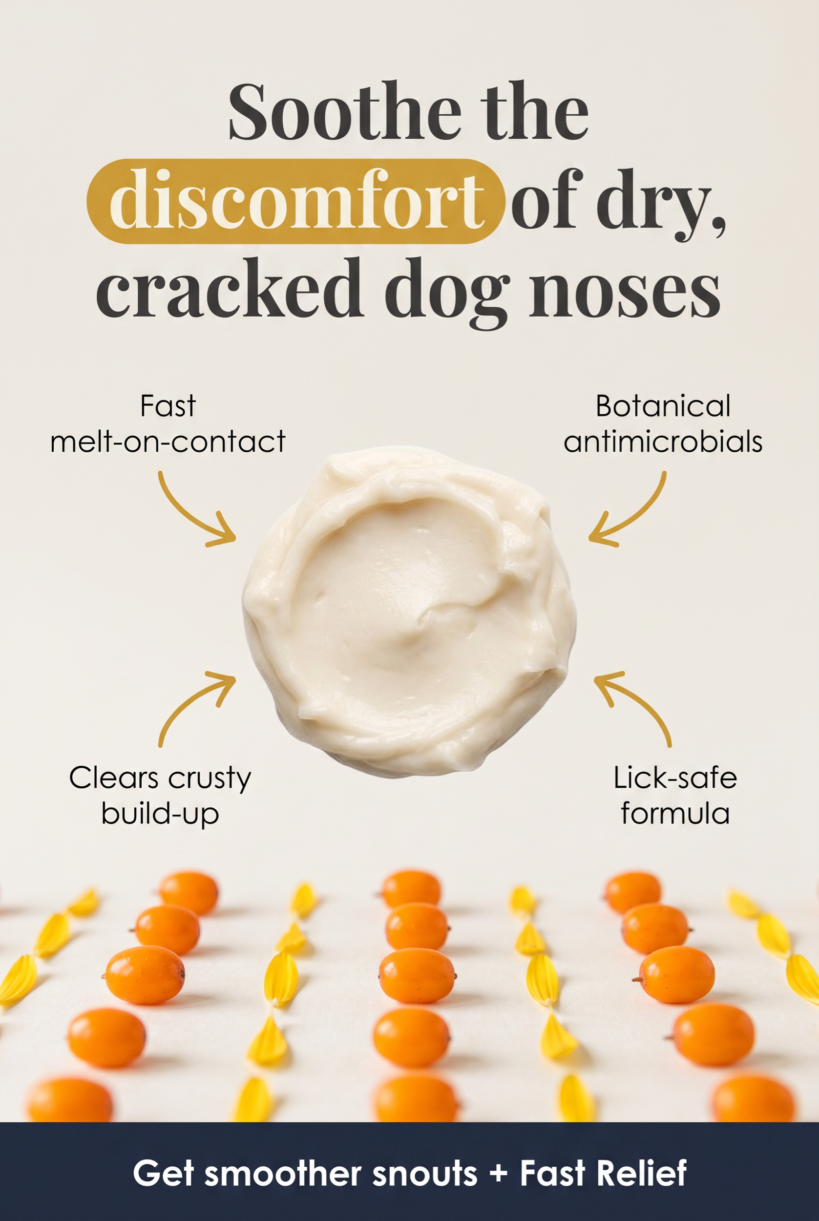 Close-up of a product with text promoting its benefits for dental health, including soothing dry, cracked dog noses with botanical antimicrobials, fast melt-on-contact, clears crusty build-up, and a lick-safe formula. The product appears to be a dent