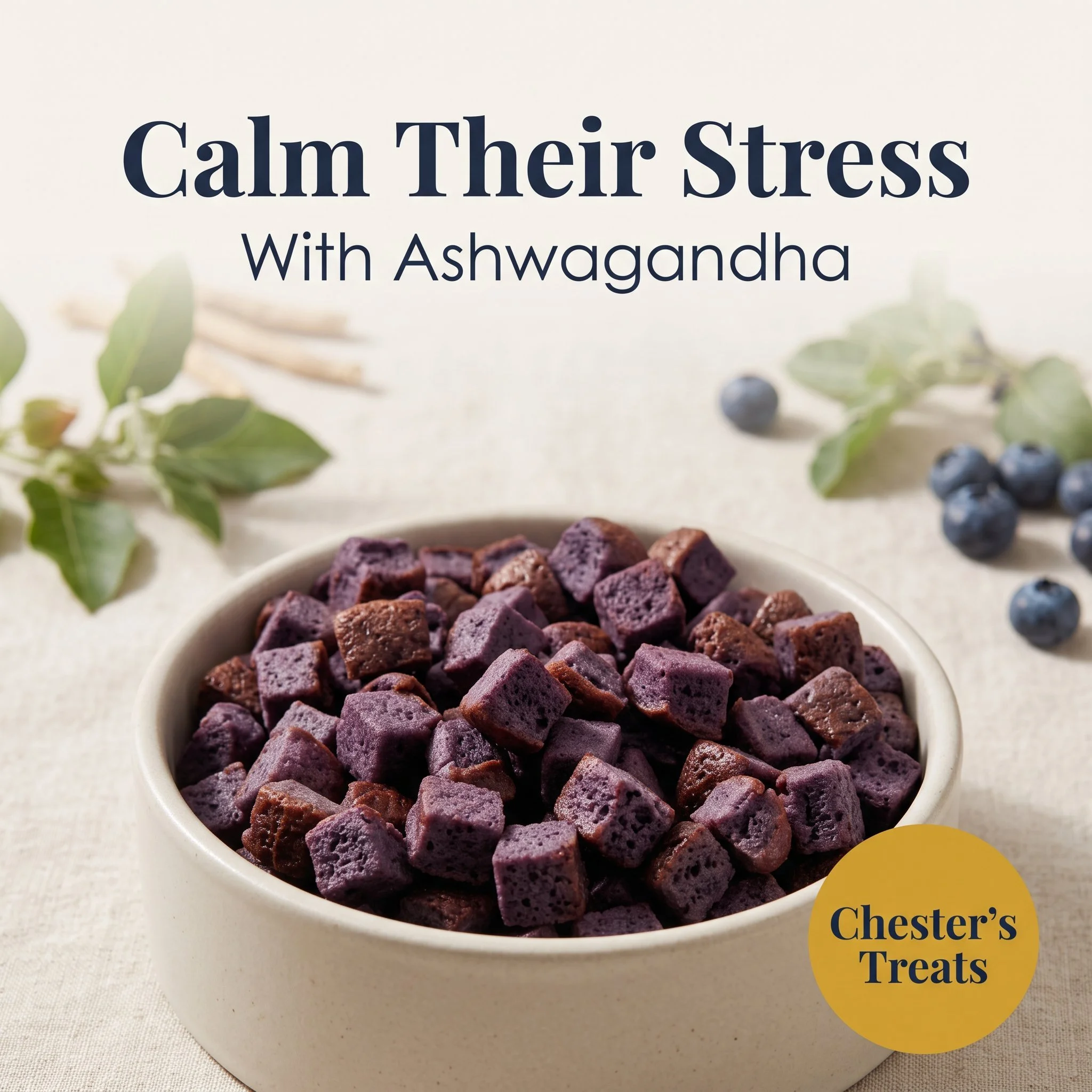A white bowl filled with purple and brown dog treats called Chester’s Treats, with a background of green leaves and blueberries, and a yellow label in the bottom right corner that says 'Chester's Treats'.