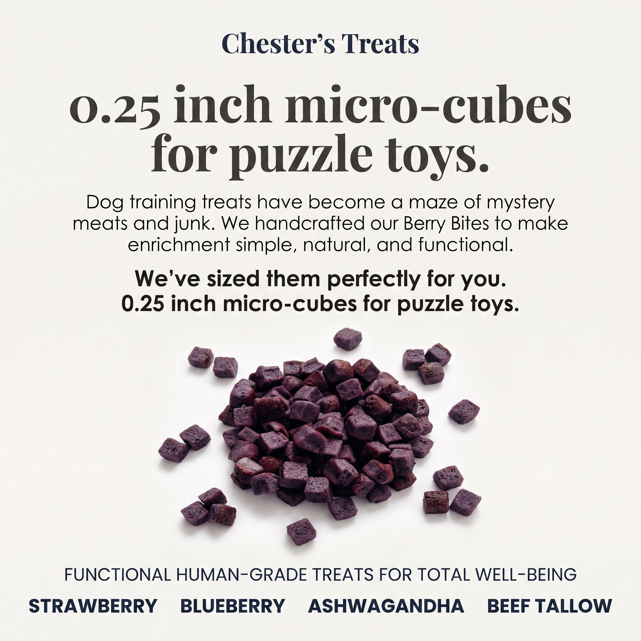 Image of dog training treats in small purple micro-cubes, with text describing the treats as 0.25 inch micro-cubes for puzzle toys, with flavor options listed as strawberry, blueberry, ashwagandha, beef, and tallow.