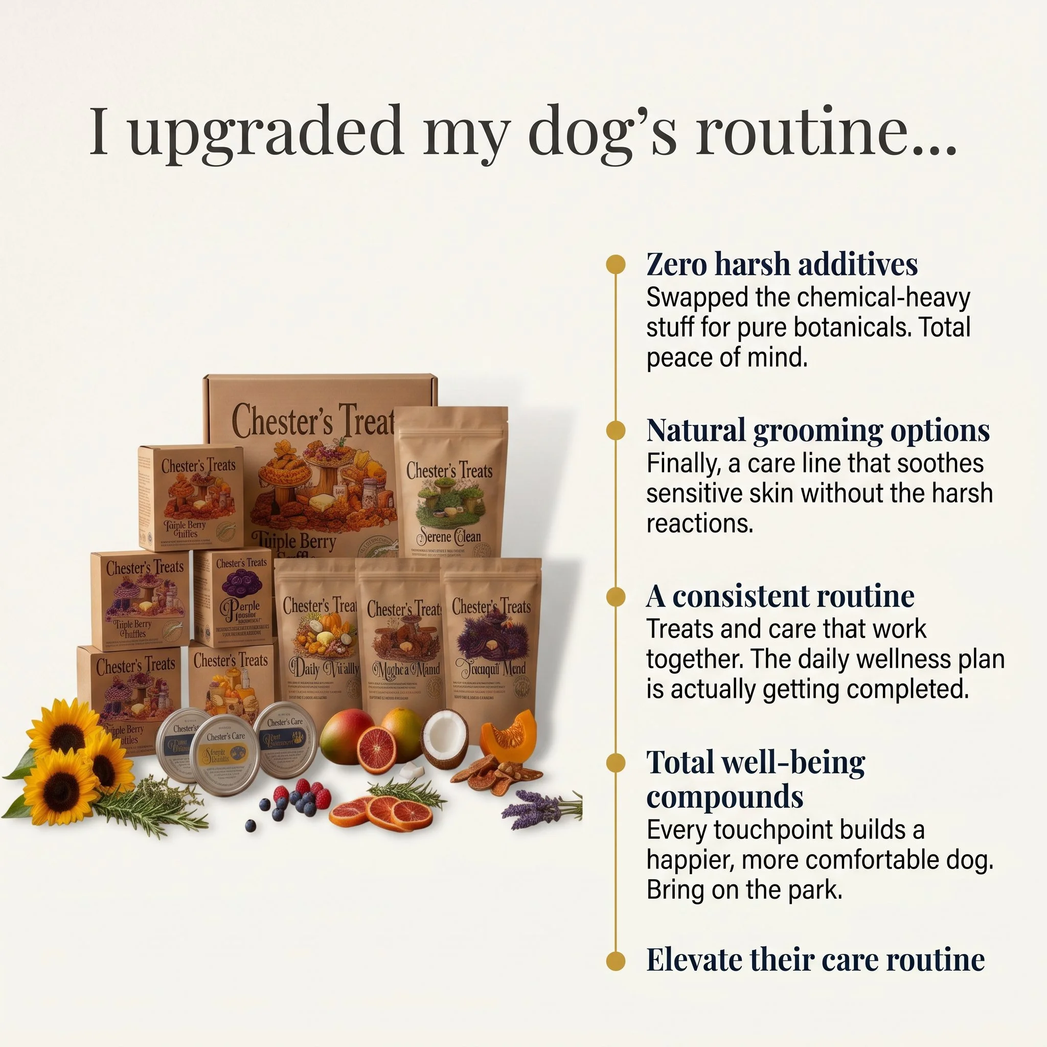 A display of Chester's Treats dog snacks with various flavors and natural ingredients, surrounded by sunflowers and fresh fruit.