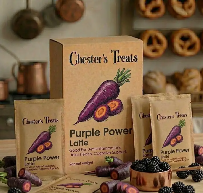 CHESTER'S PURPLE POWER LATTE DOG BEVERAGE