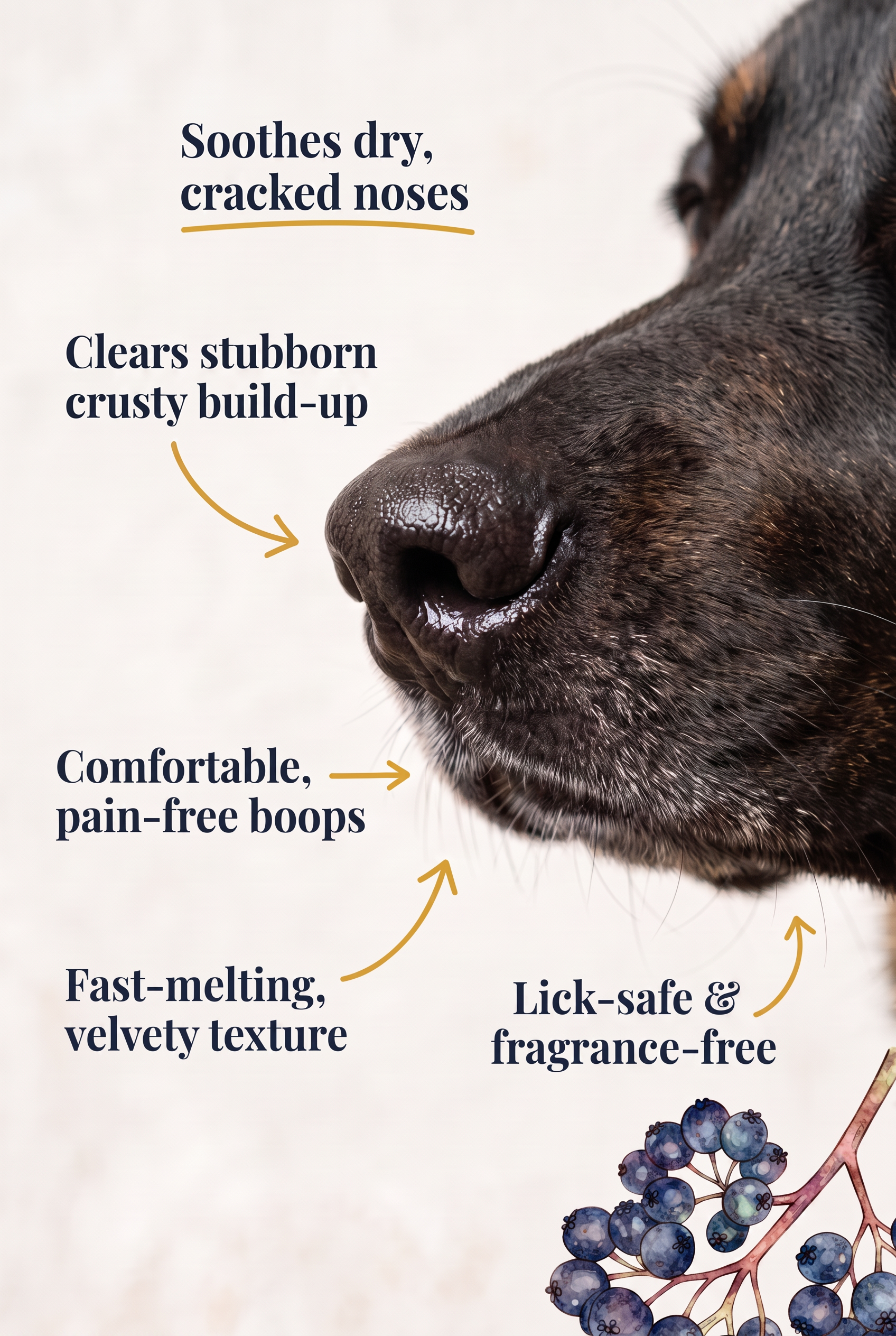 Close-up of a dog's nose with annotations describing it as soothing dry, cracked, and crusty, clearing stubborn crusty build-up, being comfortable, pain-free, lick-safe, and fragrance-free, along with a bunch of blueberries.
