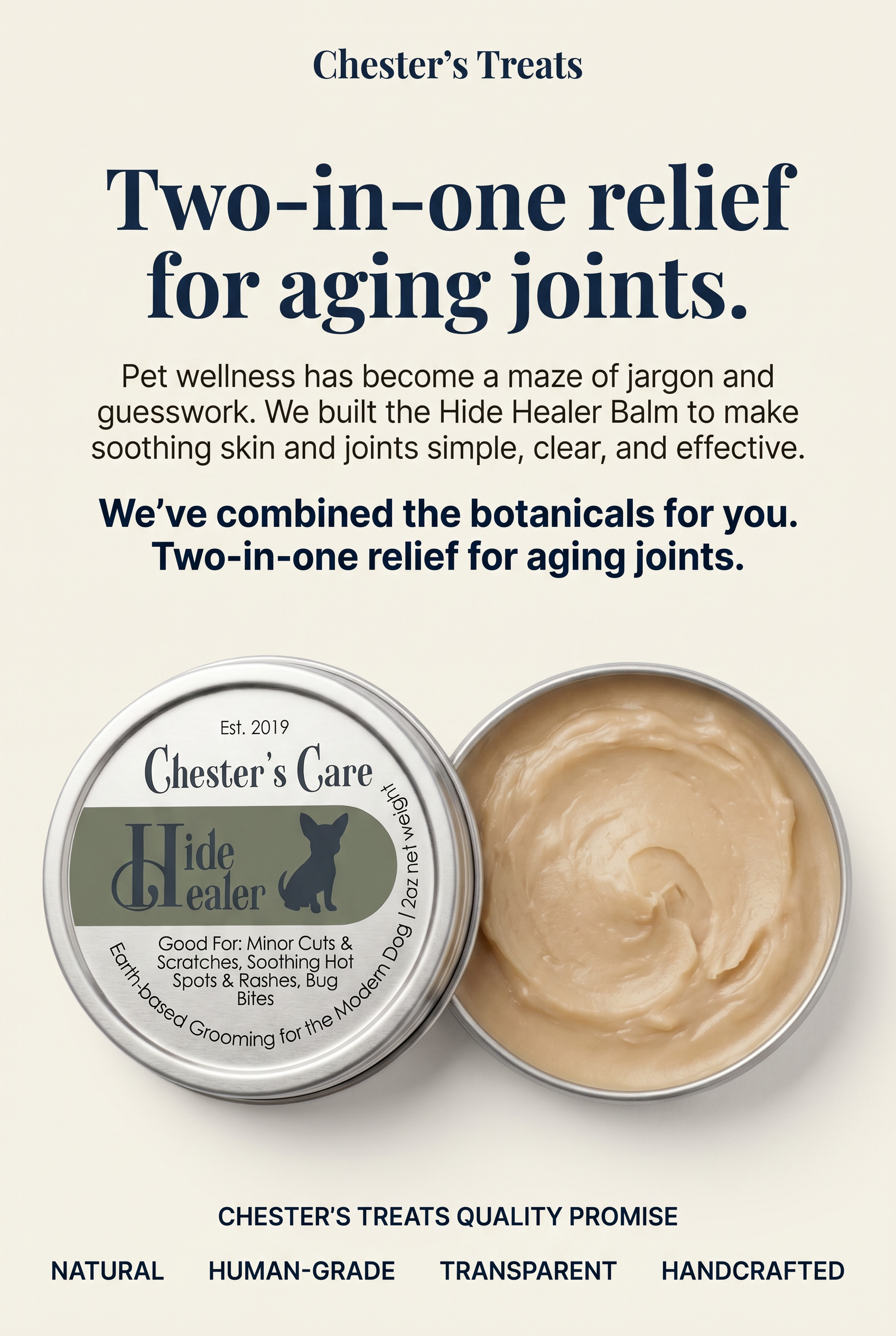 Product packaging and spoonful of pet balm called Chester's Care Hide Healer, designed for minor cuts, scratches, hot spots, rashes, and bug bites, with branding and description on the label.