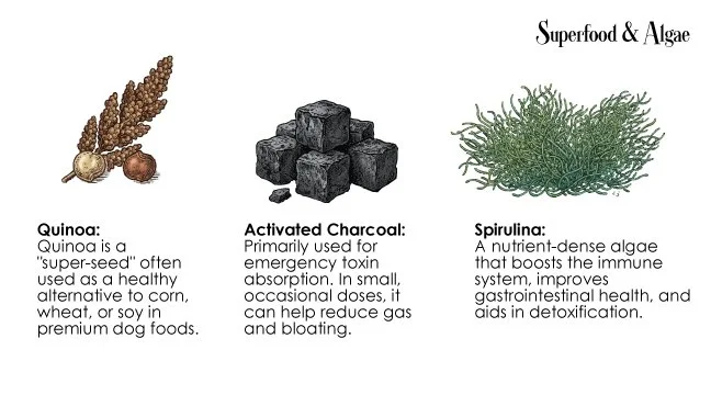 Diagram showing three superfoods: quinoa, activated charcoal, and spirulina, with descriptions of their health benefits.