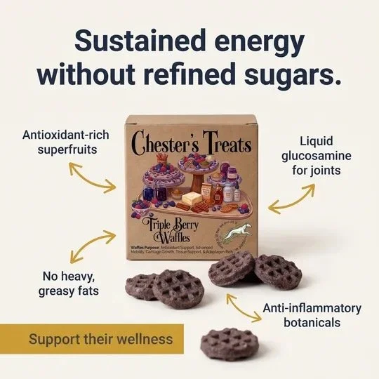 A box of Chester's Treats Triple Berry Waffles with three waffle biscuits in front, and informational text highlighting health benefits like antioxidants, no heavy fats, liquid glucosamine, and anti-inflammatory botanicals, promoting wellness through