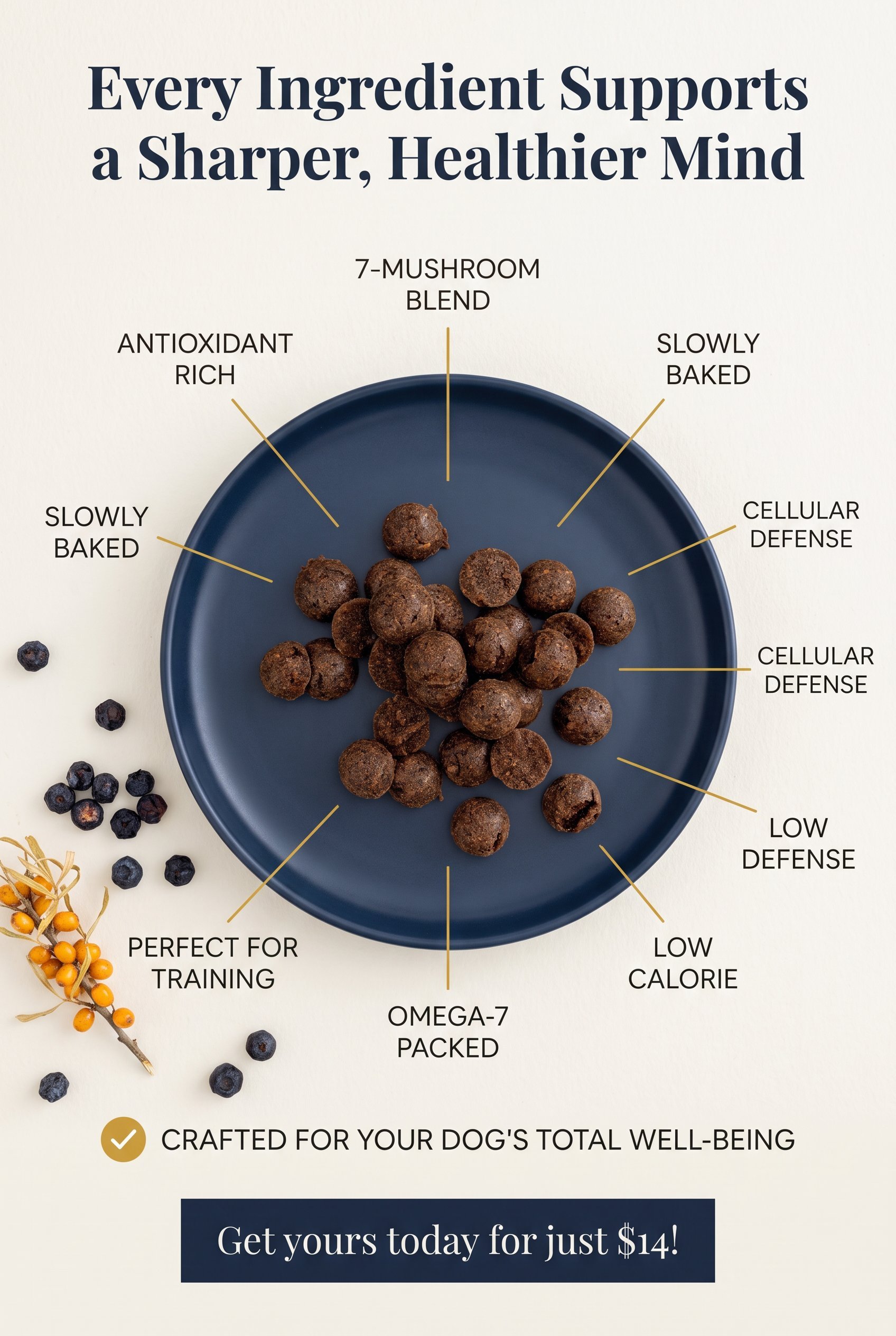 Text on a light background about dog treats, highlighting ingredients and health benefits, including omega-7, antioxidants, and low calories, with a dark-blue plate of round, brown treats in the center.