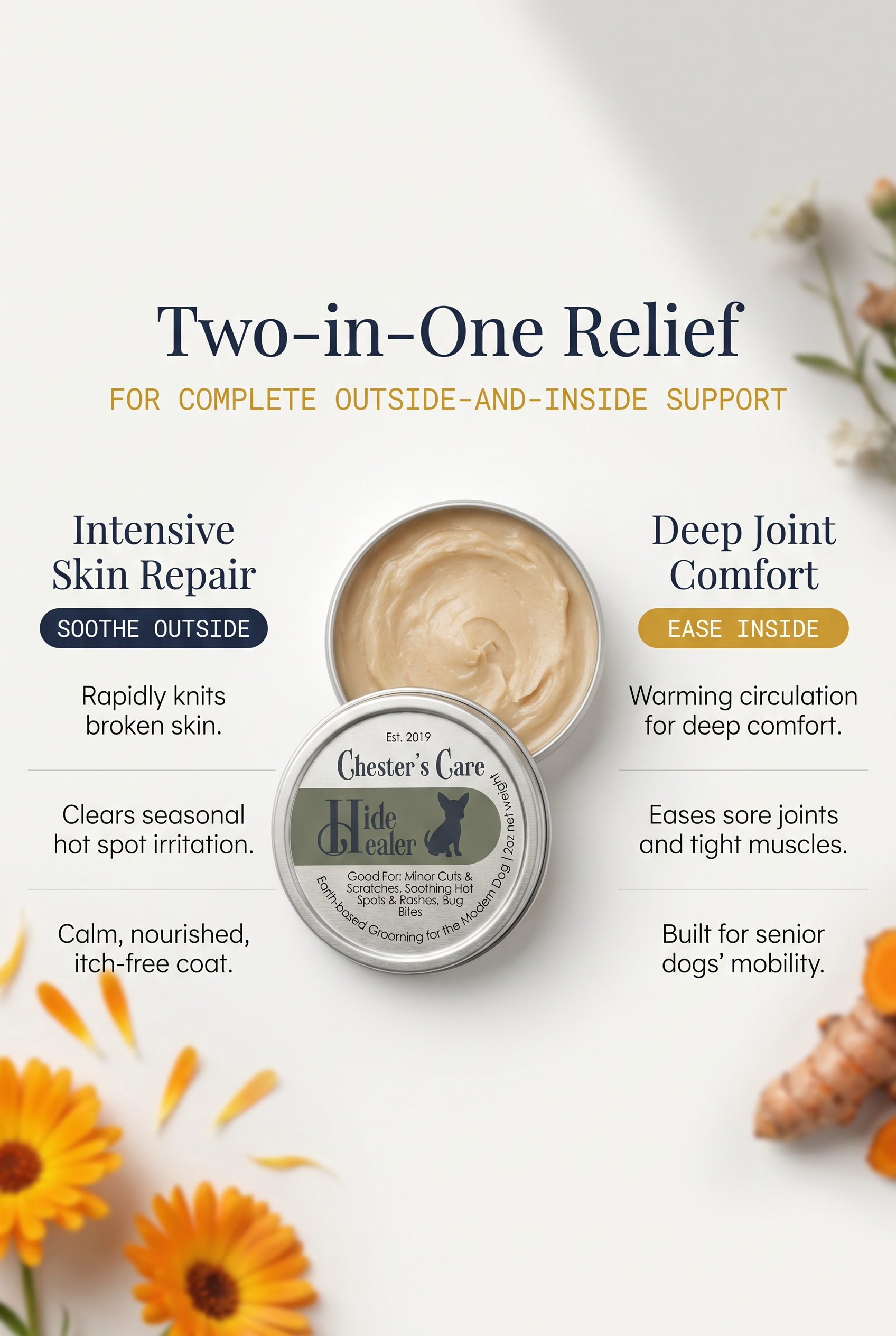 Product packaging for Chester's Care Hide Healer, a grooming product for dogs. The packaging features a circular container with a label, and surrounding text describing the product's benefits such as skin repair, deep joint comfort, seasonal irritati