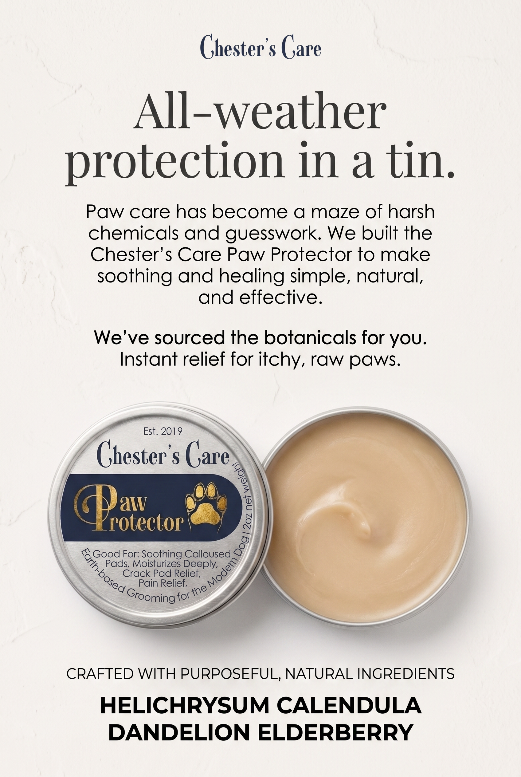 A white label jar of Chester's Care Paw Protector with black and gold text and paw print design, next to a silicone paw pad in a container. The label mentions it is good for soothing calloused pads, moisturizing deeply, crack pad relief, pain relief,