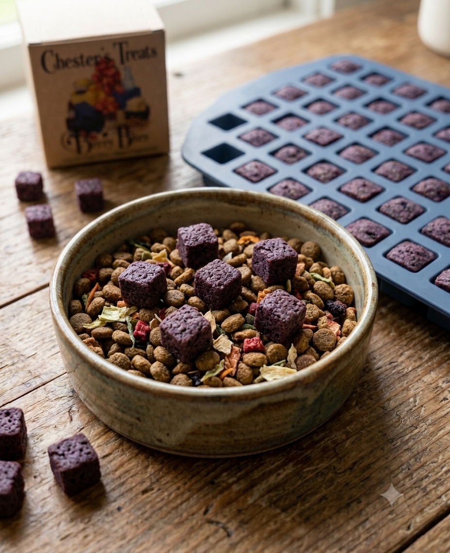 A ceramic bowl filled with dry pet food and purple freeze-dried treats, with some treats scattered around. In the background, a box and a silicone mold with more purple treats are visible on a wooden surface.