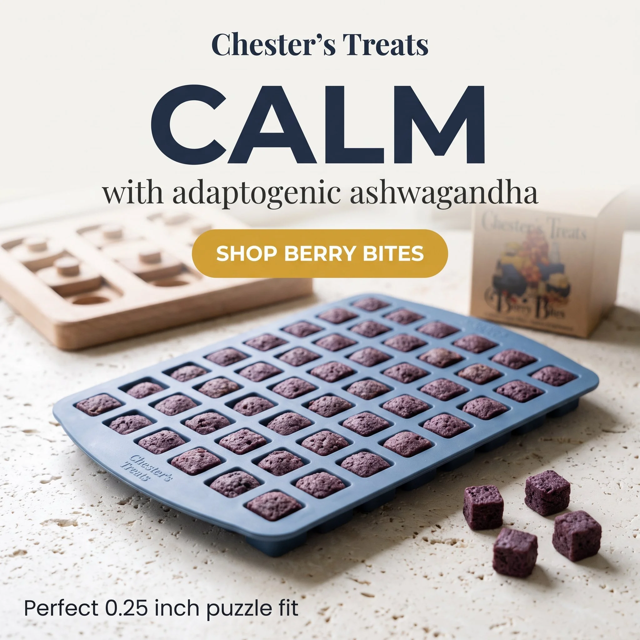 A blue silicone mold filled with purple blueberry-flavored dog treats shaped like small squares on a speckled white surface. A wooden tray with additional treat molds and a container of dog treats are in the background.
