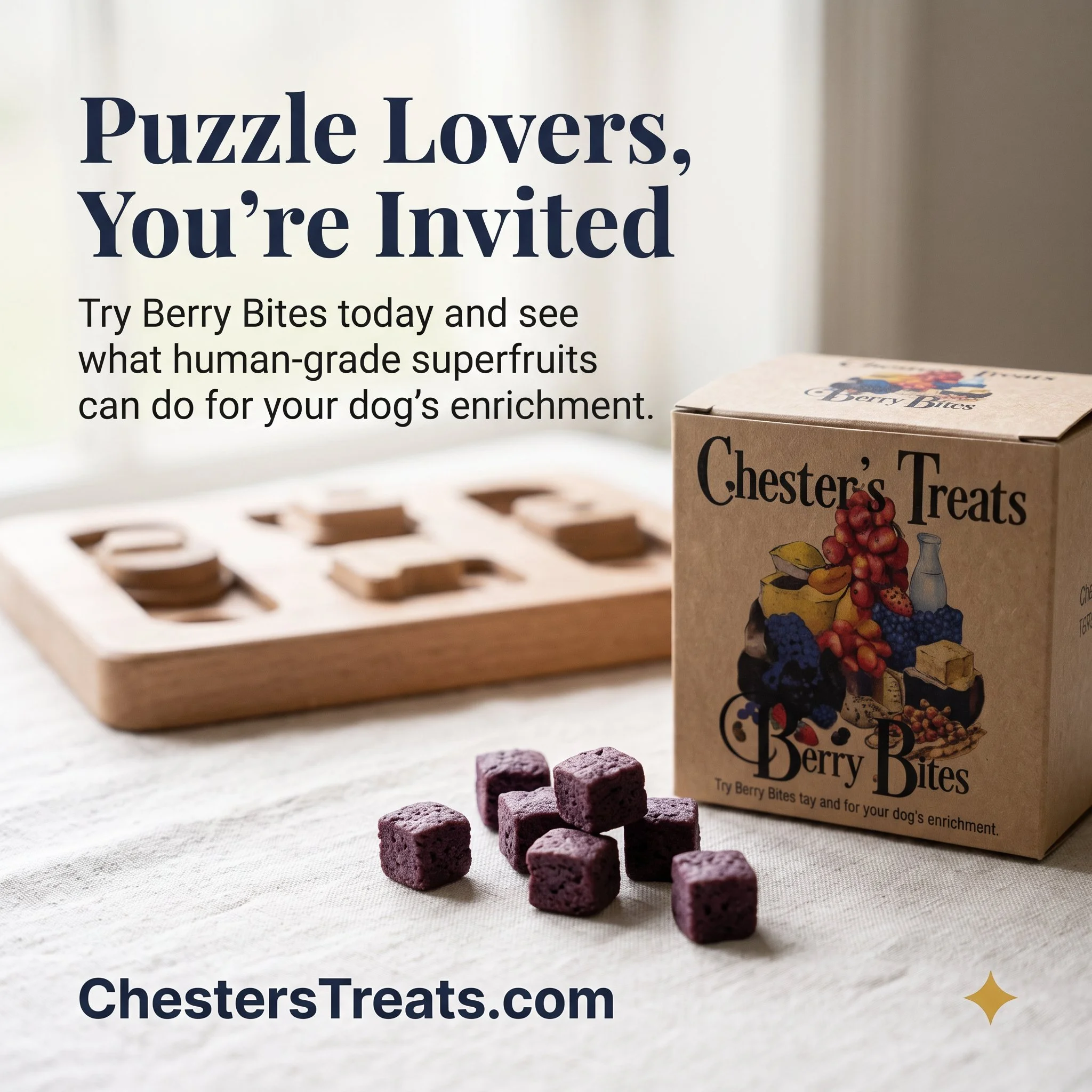 Small purple dog treats in front of a box labeled Chester's Treats Berry Bites on a white cloth surface.