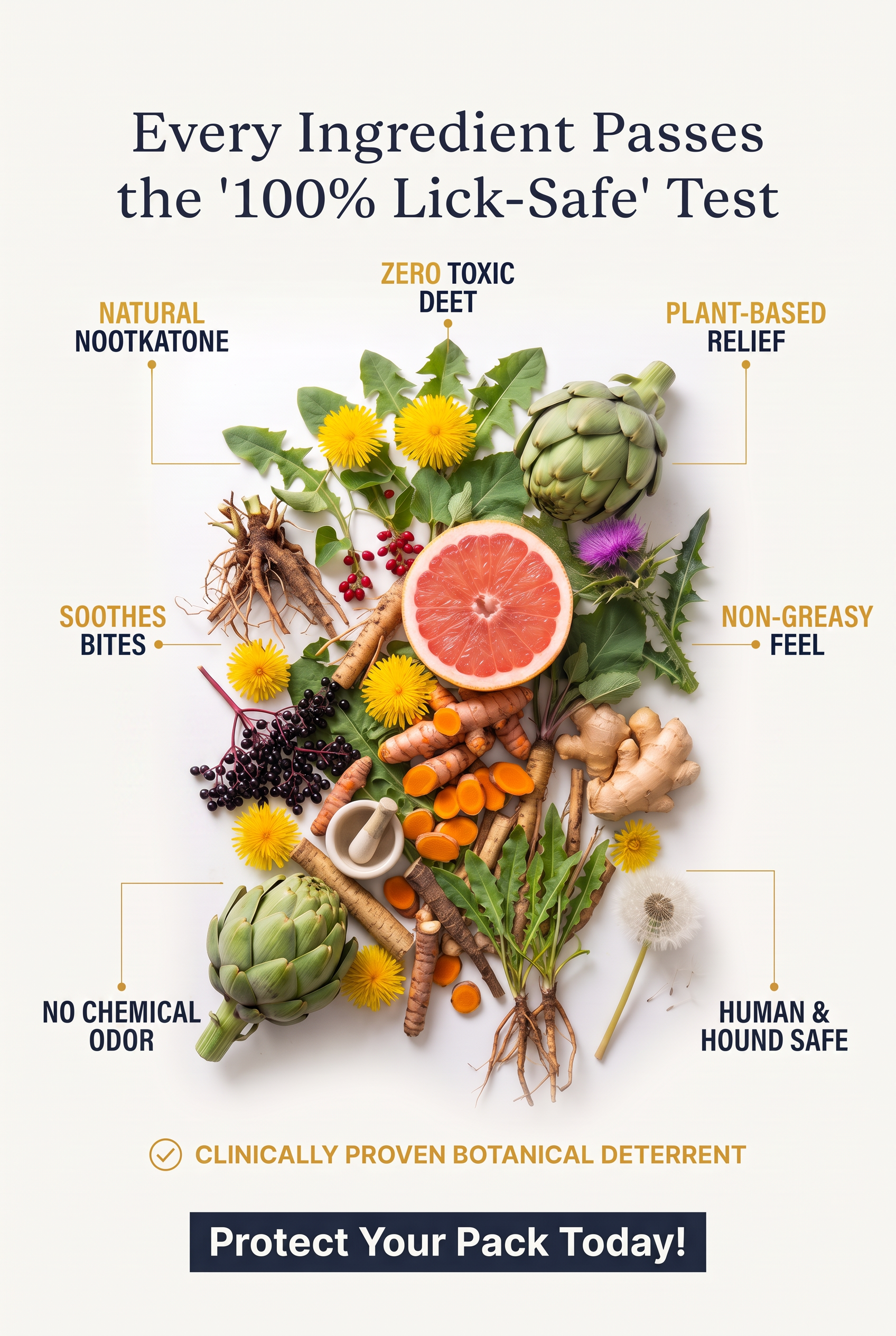 A visual display of various natural herbs, fruits, and botanicals with text highlighting the safety, natural ingredients, and effectiveness of a botanical deterrent for protecting pets, especially dogs.