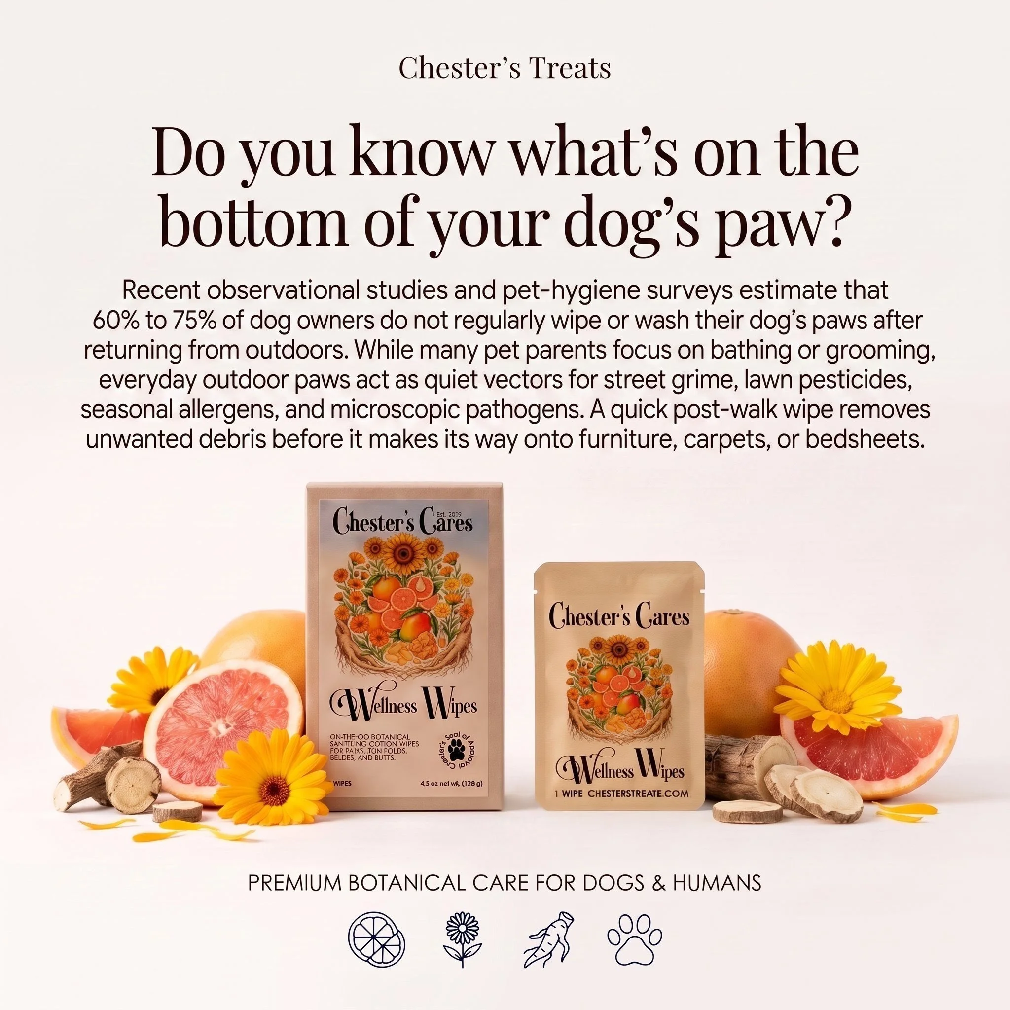 Chester's Cares Wellness Wipes - Natural Paw & Grooming Wipes for Dogs & Humans