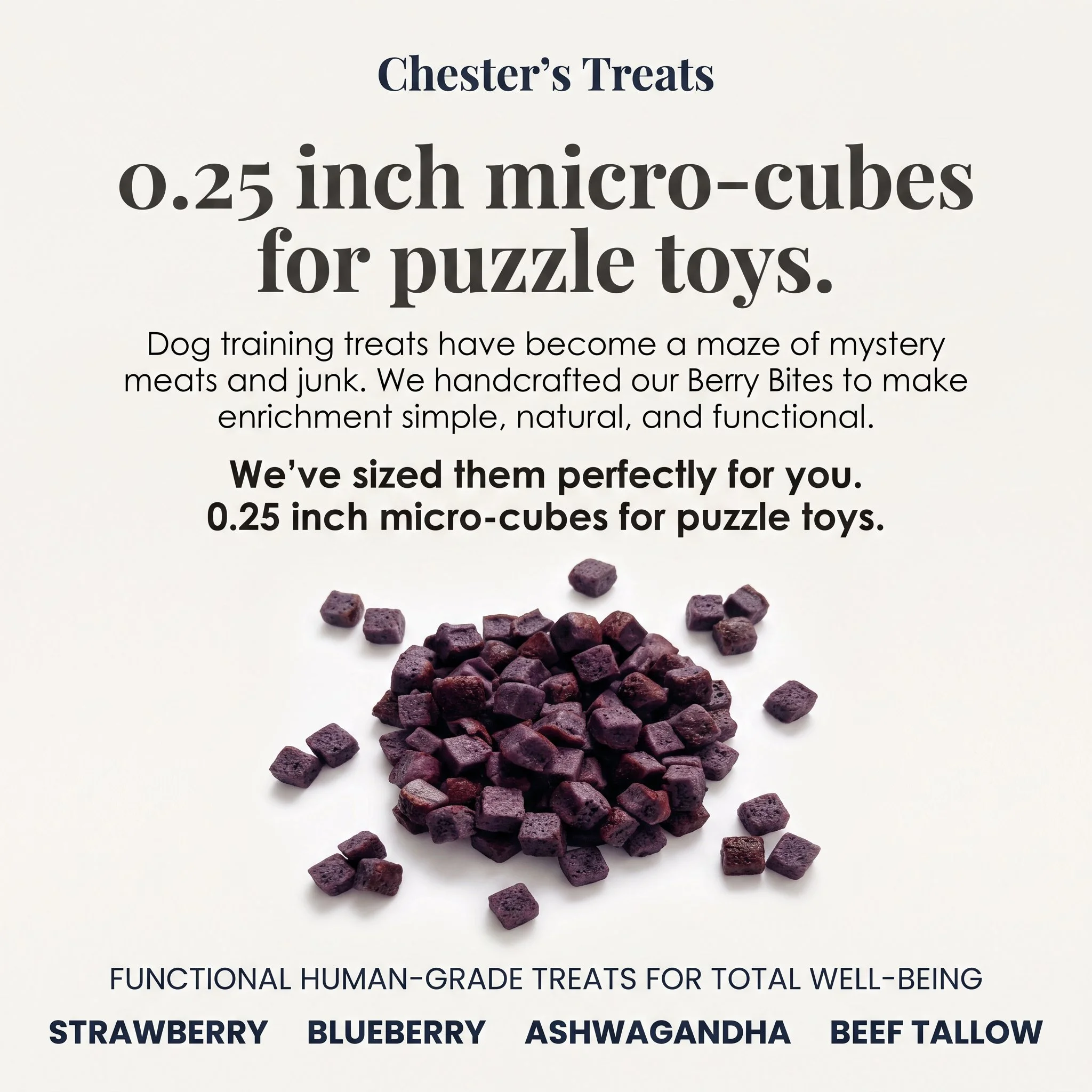 Image showing text about Chester’s Treats, which offers 0.25 inch micro-cubes for puzzle toys, with an image of small purple cube-shaped pieces at the bottom.