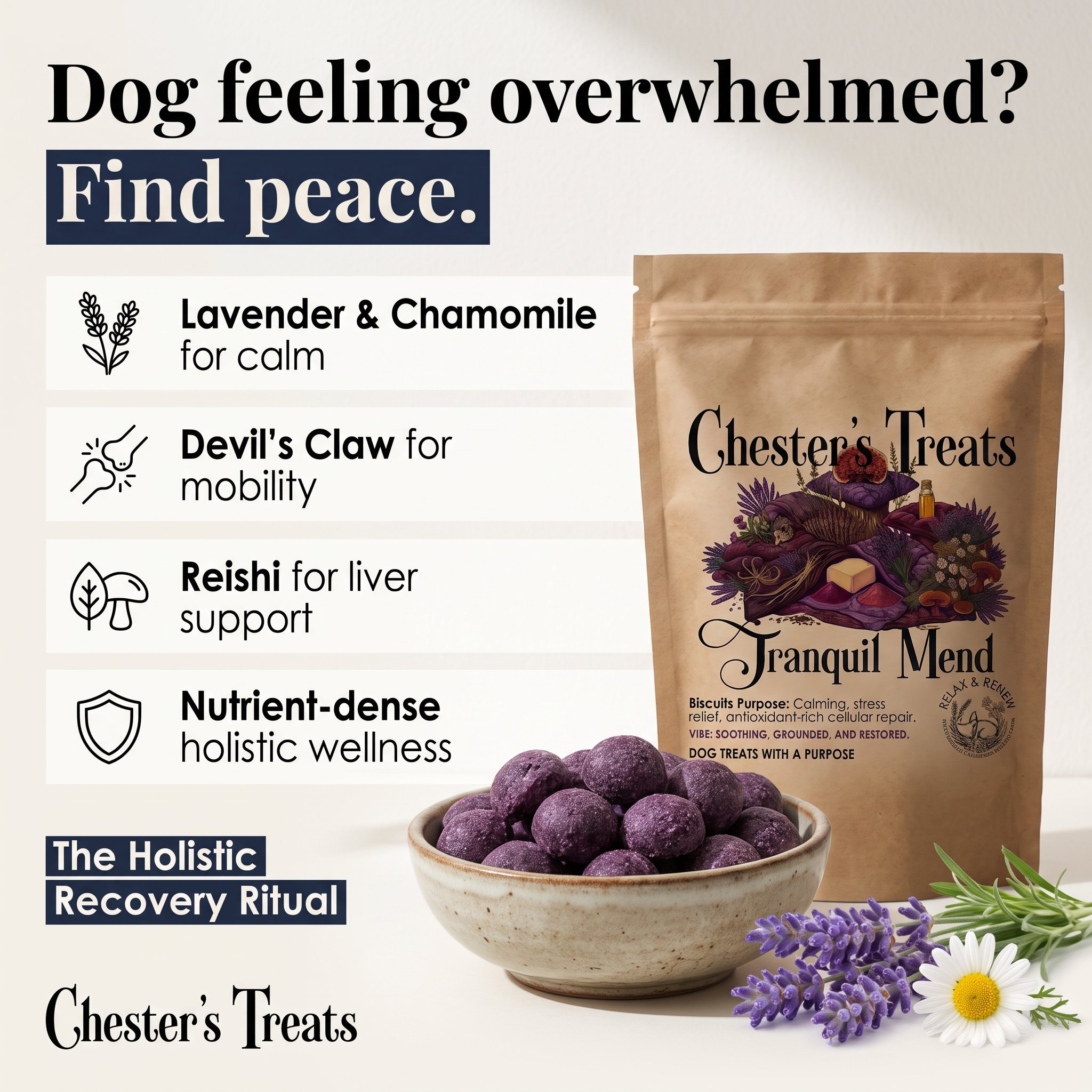 A package of Chester's Treats with labeled ingredients and benefits, including lavender and chamomile for calm, Devil's Claw for mobility, and reishi for liver support, surrounded by lavender flowers, daisies, and green leaves.