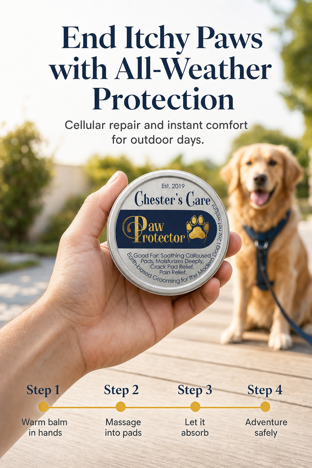 A hand holding a can of Chester's Care Paw Protector, with a golden retriever nearby outdoors on a park bench with trees in the background. The image promotes paw protection for dogs.