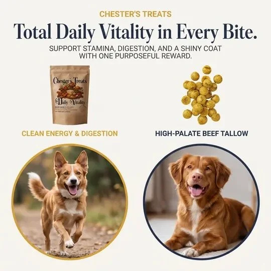 Advertisement for Chester's Treats with the slogan 'Total Daily Vitality in Every Bite.' It features a bag of Chester's Treats, high-pale beef tallow, and photos of a happy small dog and a happy medium-sized dog.