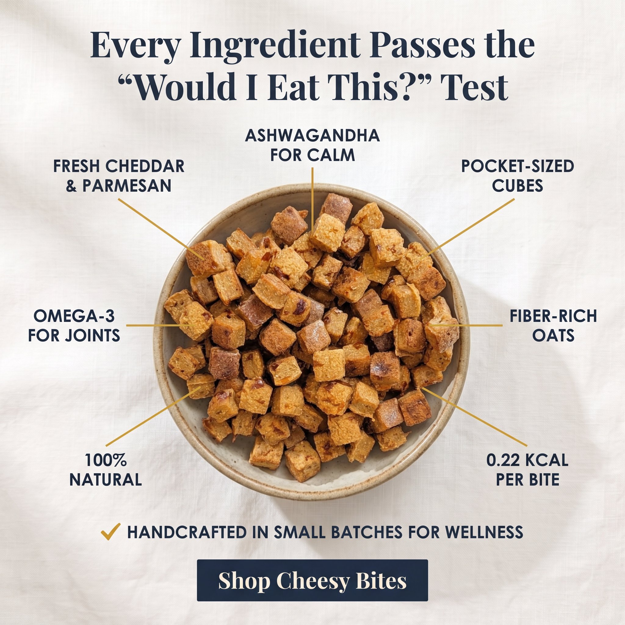 Close-up of a bowl filled with small, golden-brown cheese bites labeled as handcrafted in small batches, natural, and cheese bites.