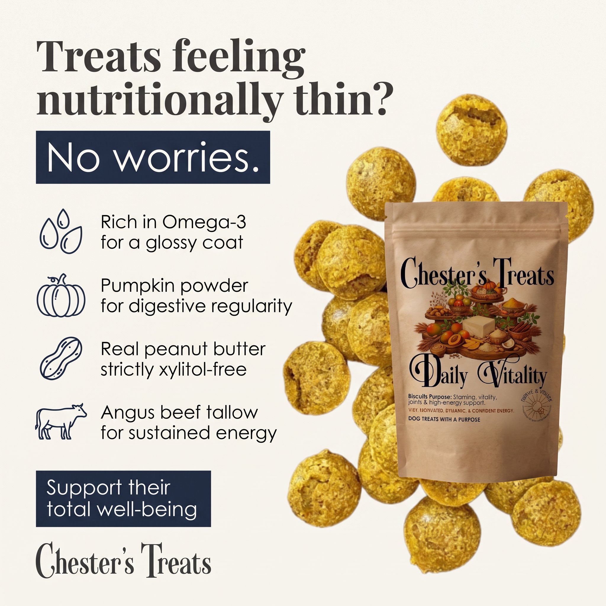 A promotional flyer for Chester's Treats displaying several golden-colored dog treats and text highlighting their benefits, such as being rich in Omega-3 for glossy coat and gluten, xylitol, and soy-free ingredients.