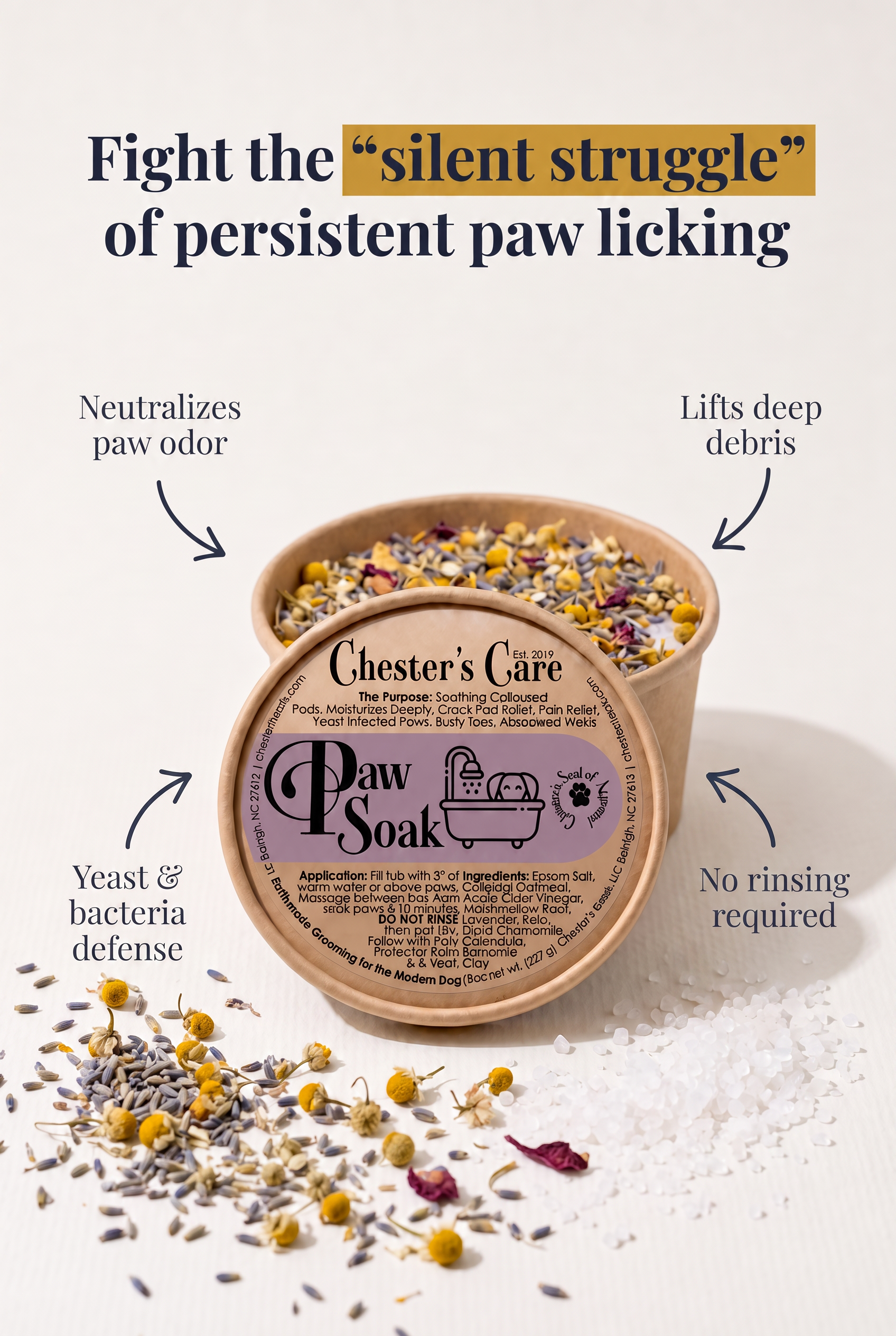A container of Paw Soap for dogs, with scattered dried herbs and sea salt around it. The label describes it as a soothing, colloidal soap that neutralizes paw odor and lifts deep debris, suitable for dogs with yeast and bacteria defense, no rinsing r