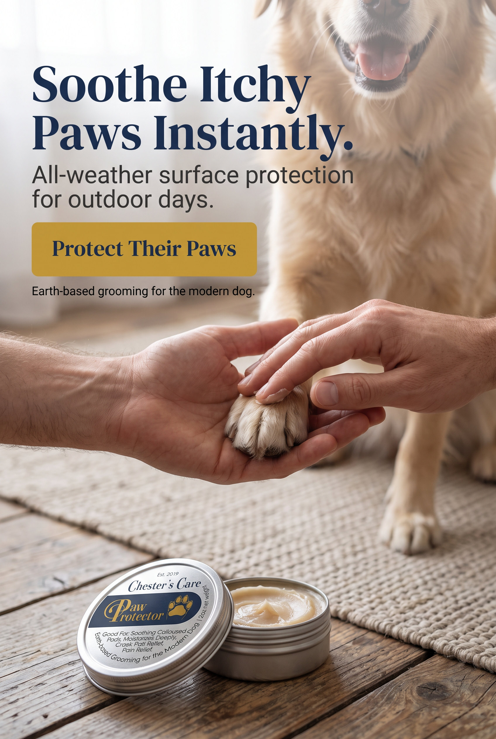 Close-up of a golden retriever dog getting paw treatment with paw balm by a person. An open tin of Chester's Care Paw Protector dog balm is visible on a wooden table in front of the dog.