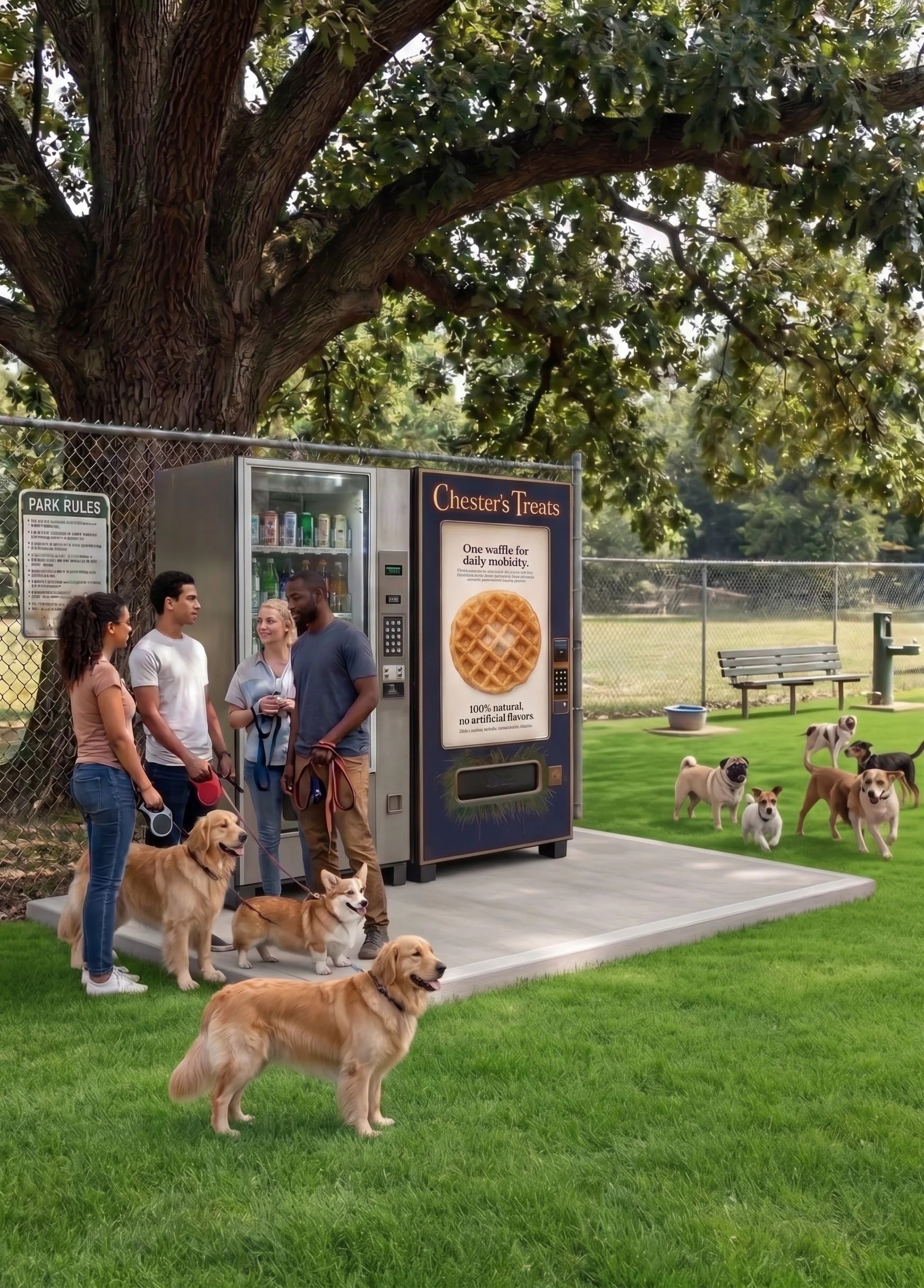 A group of people with dogs gathered around a vending machine in a park. There is a large tree overhead, a metal fence, and a grassy area with multiple dogs and a few pigeons.