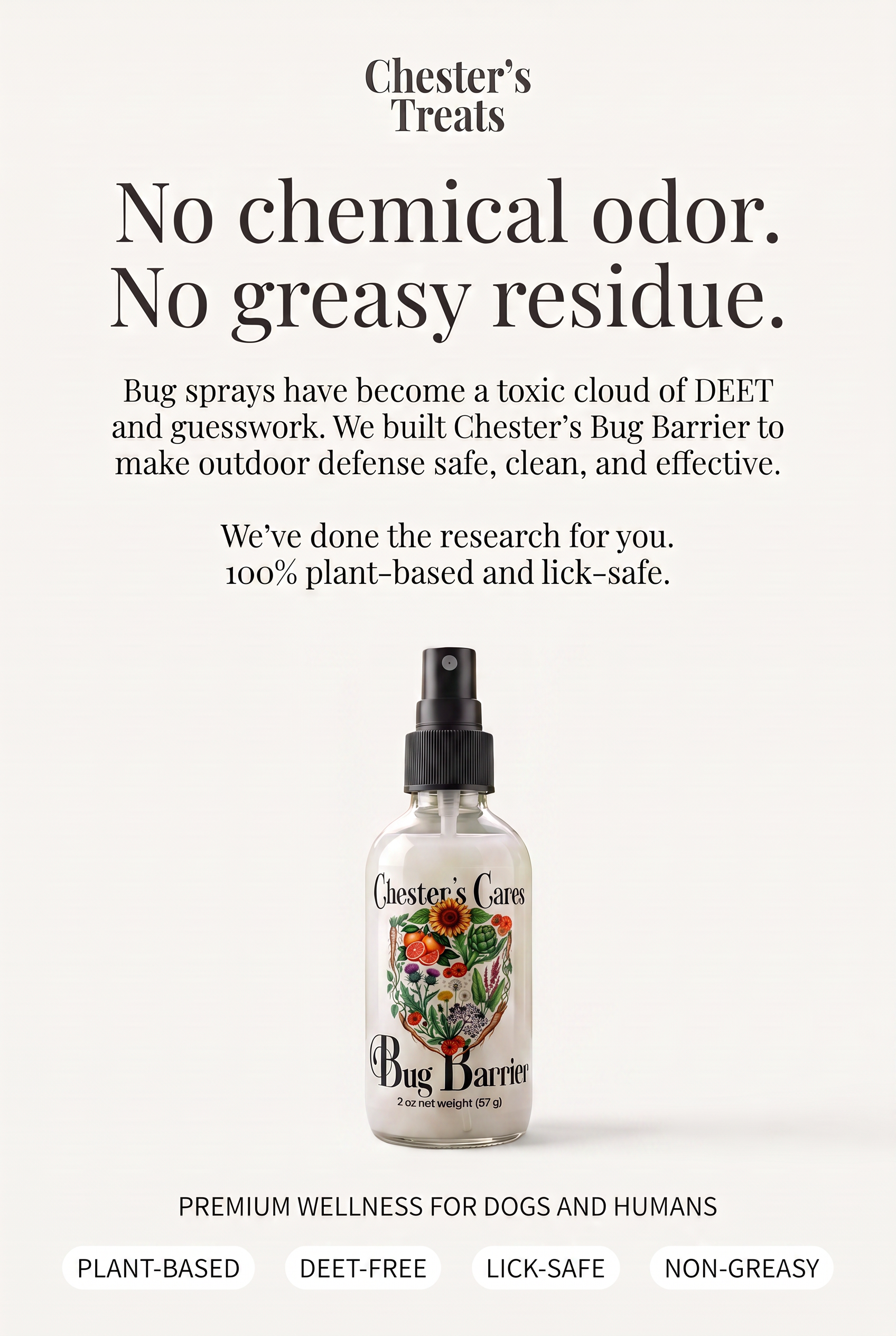 A bottle of Chester's Cares Bug Barrier spray with a graphic of various plants and flowers shaped like a heart. The text highlights that it contains no chemical odor, no greasy residue, and is plant-based, DEET-free, lick-safe, and non-greasy. The ba