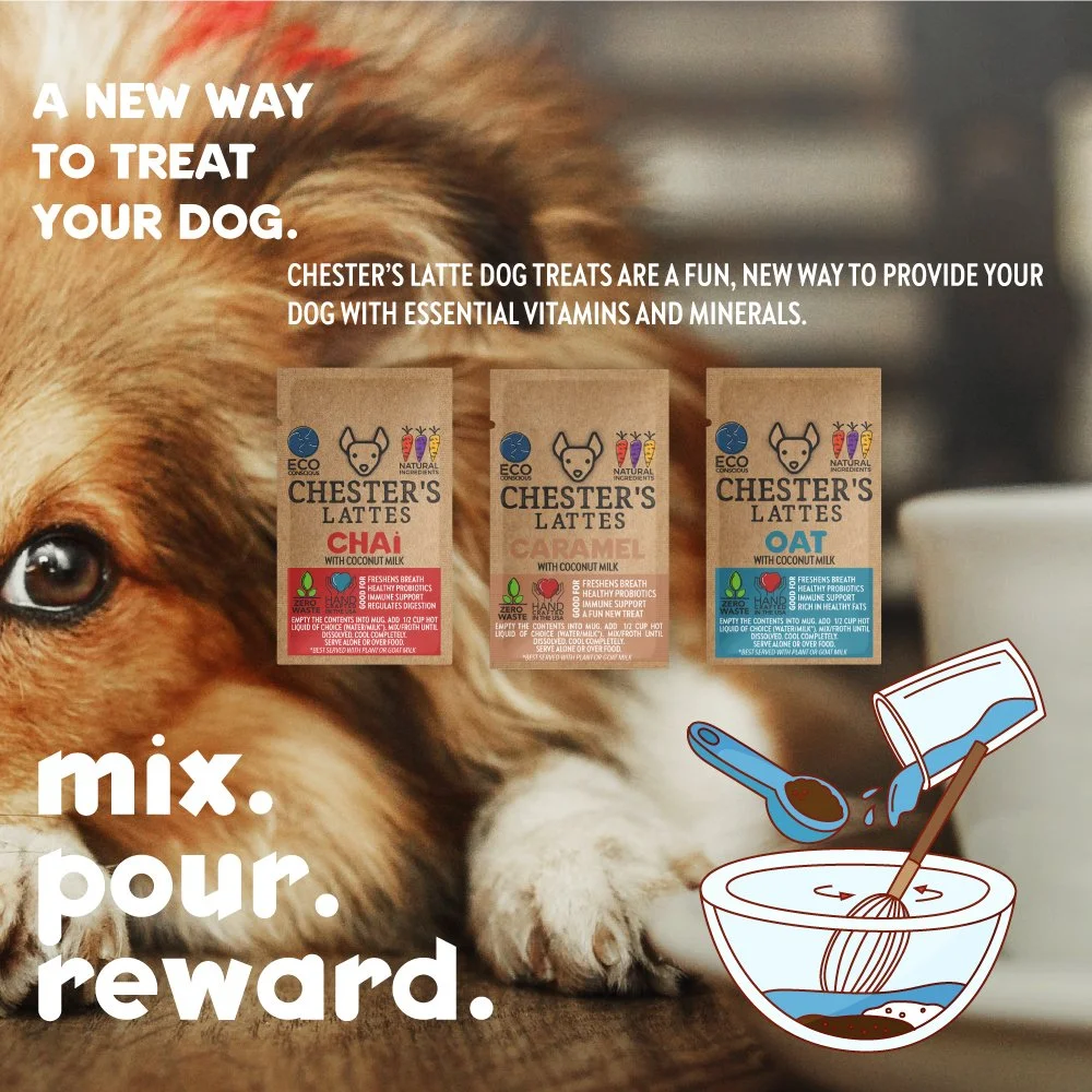 Dog lying on the floor with three boxes of Chester's Latte dog treats in front of it, and an illustration showing the process of mixing, pouring, and rewarding the dog with the treats.