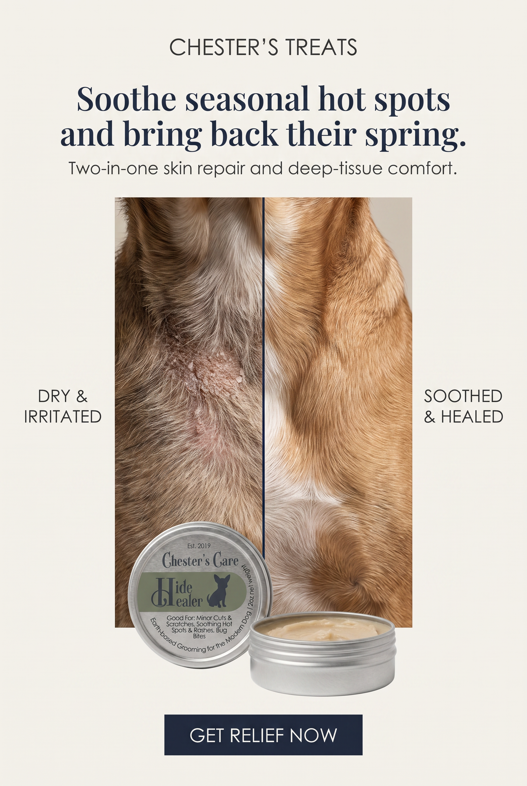 Advertisement for Chester's Treats, showcasing a before and after comparison of a dog's skin condition. The left side depicts dry, irritated skin, while the right side shows soothed, healed skin. The product is a grooming balm, with a container and a