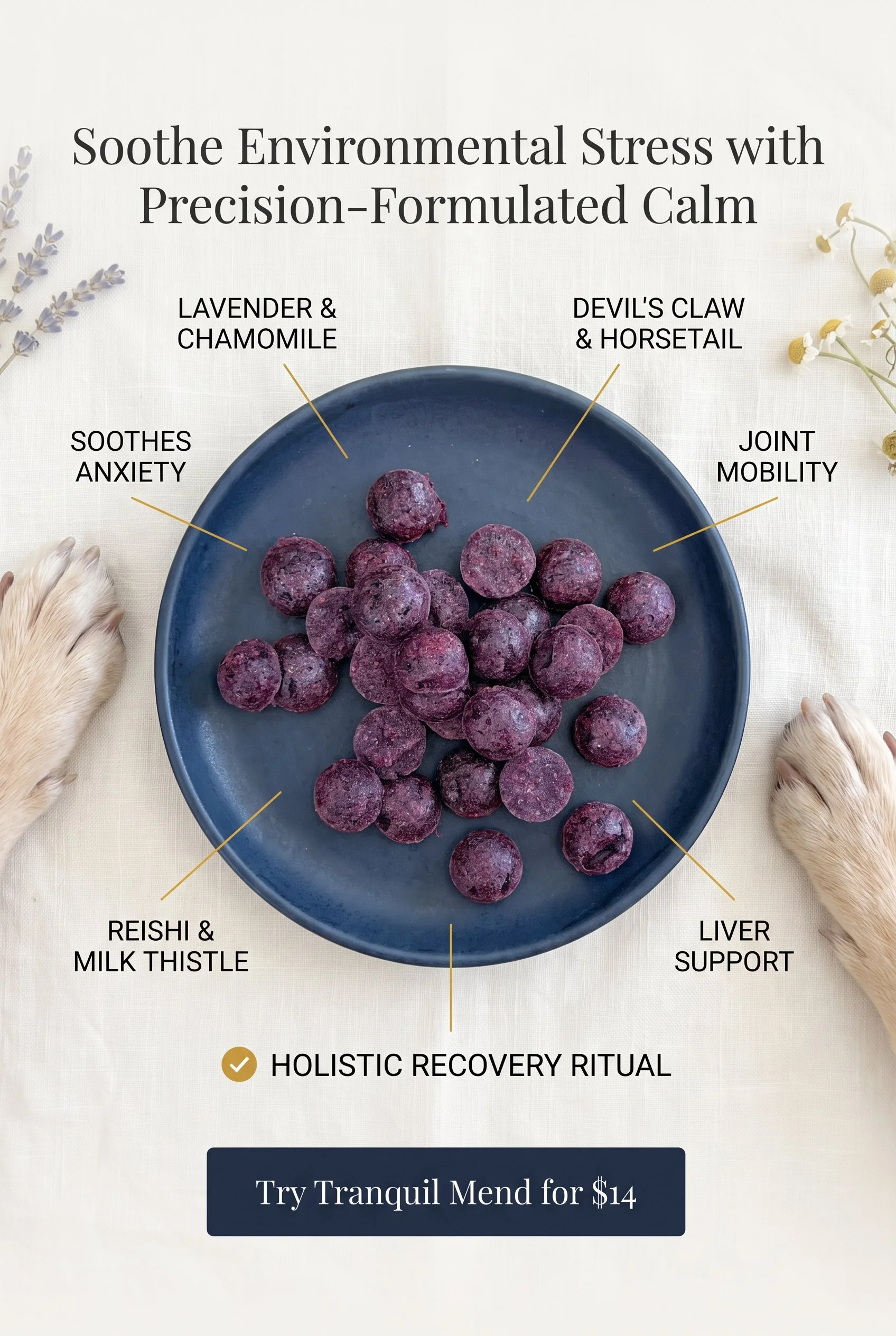 Image of a promotional poster for a holistic recovery ritual featuring a bowl of purple herbal balls and surrounding titles with benefits such as soothing anxiety, liver support, joint mobility, reishi and milk thistle, lavender and chamomile, devil'