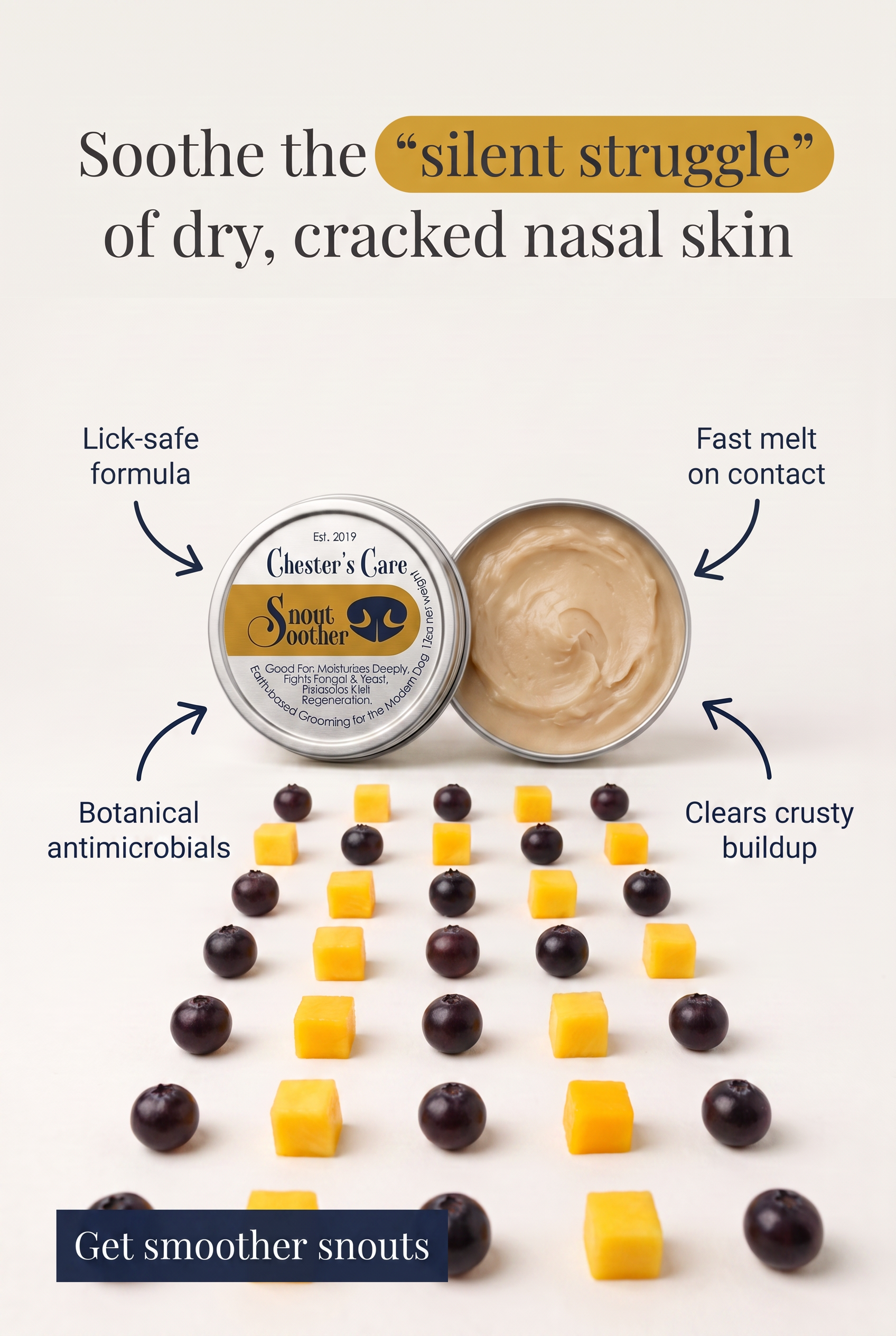 A promotional image for Chester's Care Snout Soother, a balm for dry, cracked nasal skin. The image shows a container of Snout Soother balm, with a yellow and black label, alongside a spoonful of the balm. The image highlights features such as a lick