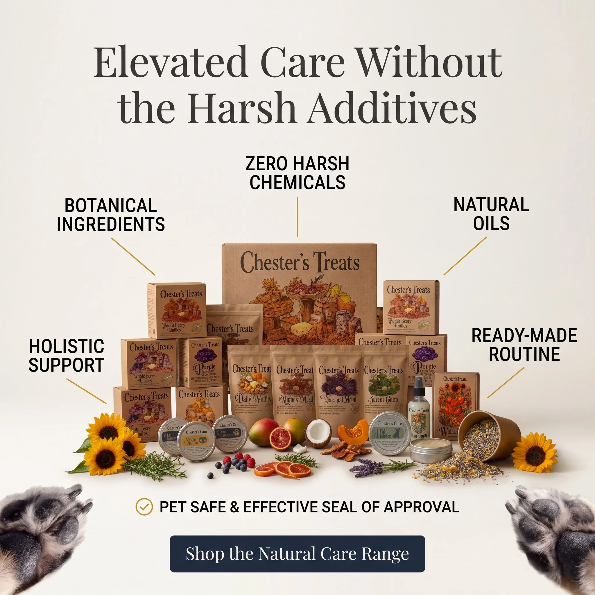 Display of Chester's Treats natural care products along with various fresh fruits, herbs, flowers, and pet paws at the bottom, with text highlighting benefits like holistic support, zero harsh chemicals, natural oils, ready-made routines, and pet-saf