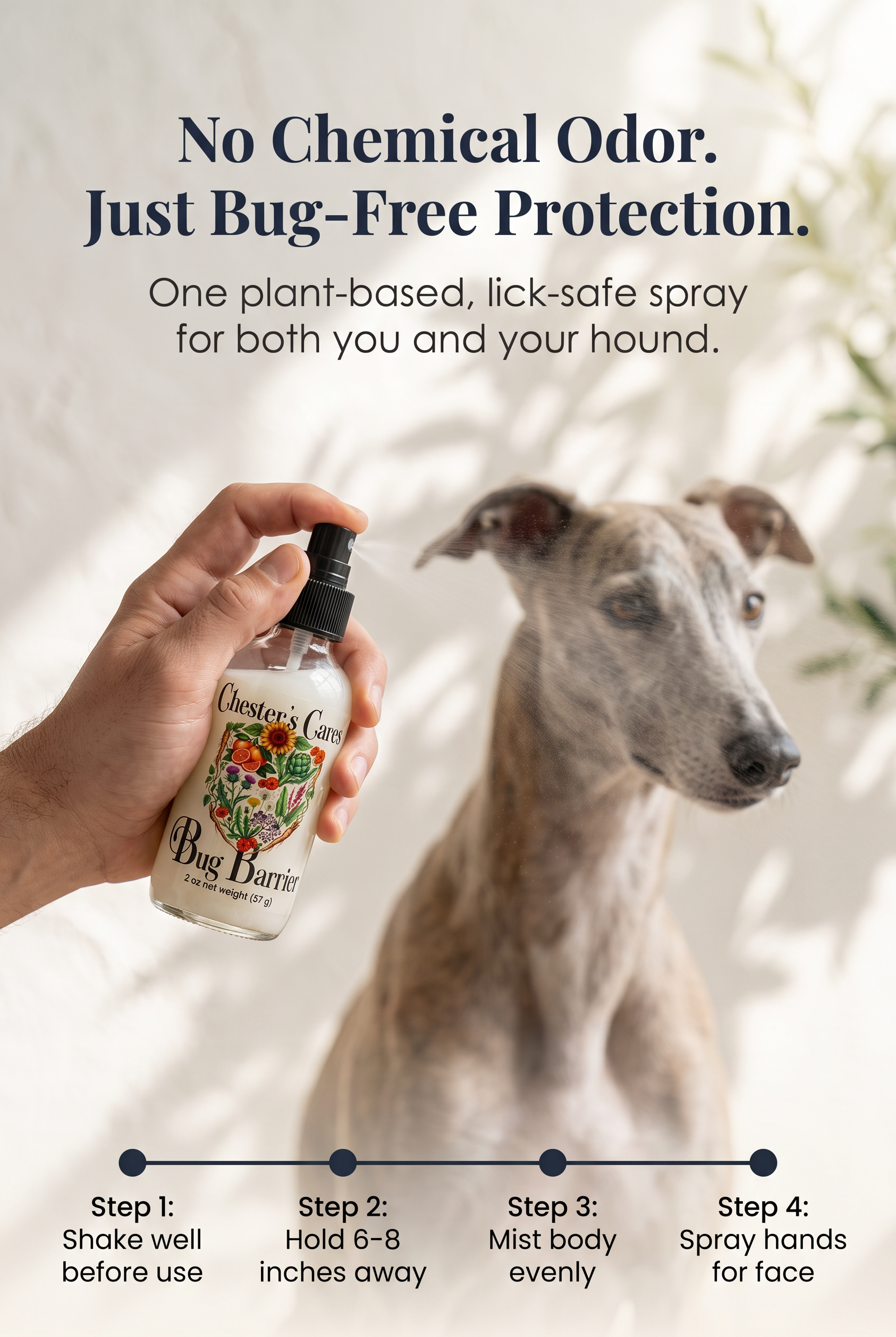 An informational poster promoting a plant-based, bug-free, chemical odor-free spray. The poster features a person holding a bottle labeled 'Chester's Cares Bug Barrier' with an illustration of flowers, and a dog standing nearby. The poster includes f