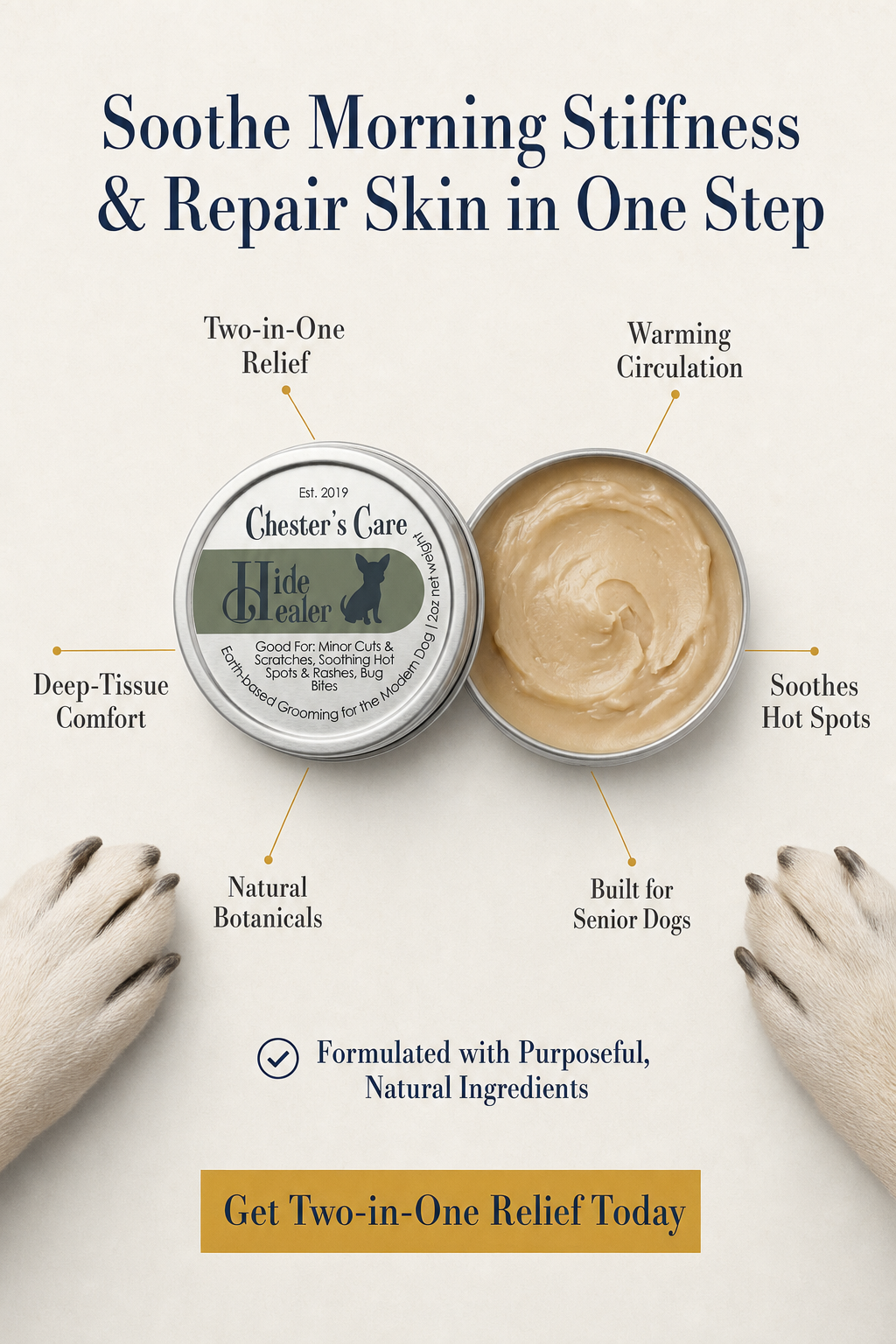 A product advertisement for Chester's Care Hide Healer, a natural, earth-based grooming balm for dogs. The image shows a tin of the balm with the label, surrounded by annotations highlighting its benefits such as relief for morning stiffness, soothin