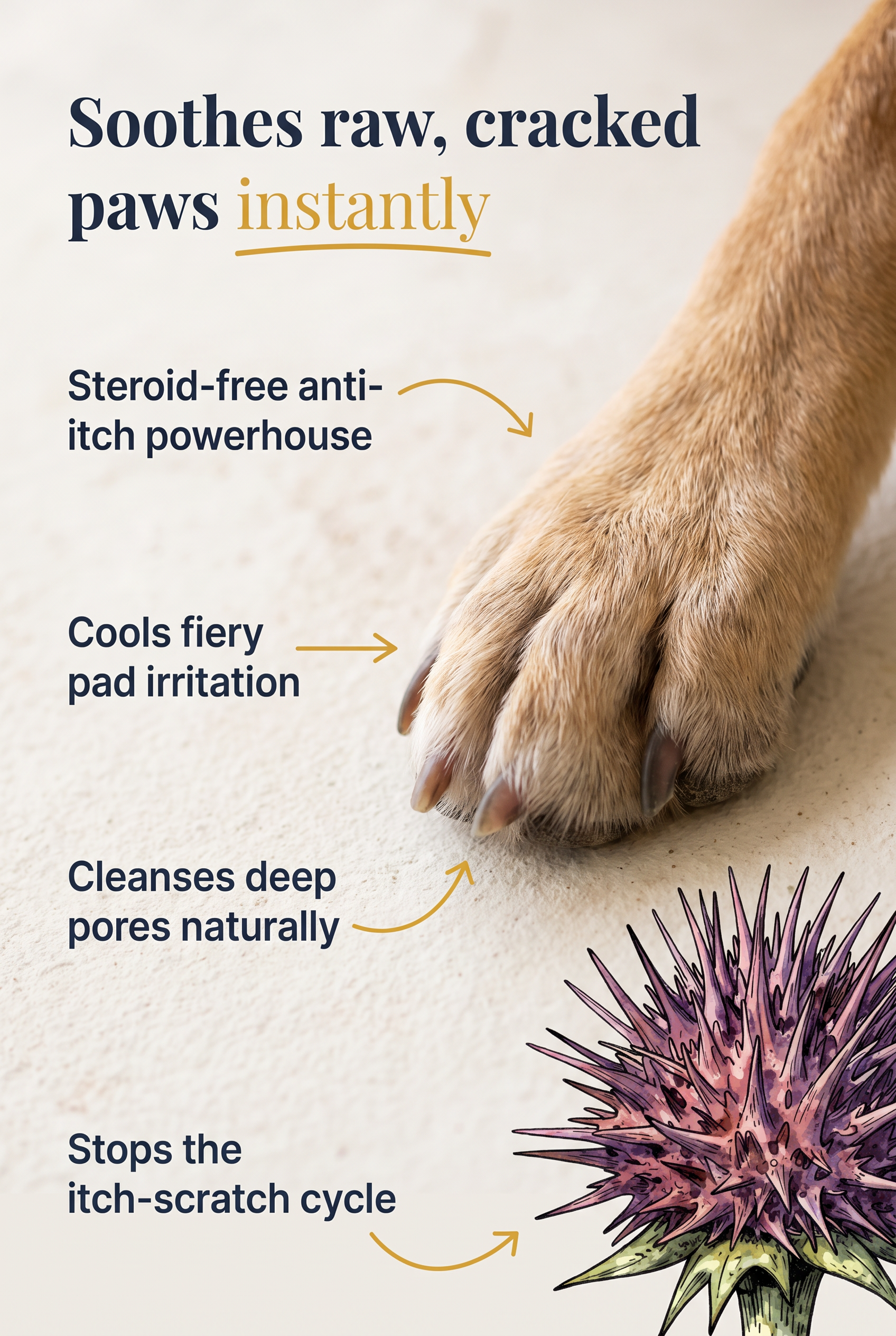 Close-up of a dog's paw with text highlighting its soothing, anti-itch, and cycle-stopping properties, along with a spiky purple flower nearby.