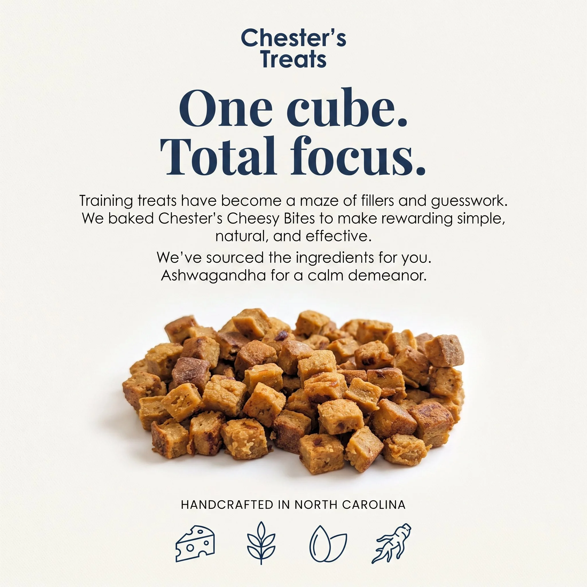 Close-up of a cluster of caramel-colored, square-shaped treats, with a background featuring text about Chester’s Treats, handcrafted in North Carolina, and illustrations of cheese, wheat, banana, and ginger.