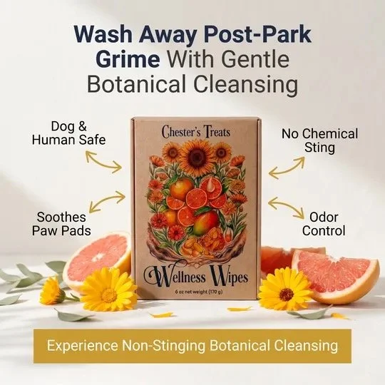 Packaging of Chester's Treats Wellness Wipes with an illustration of oranges and flowers, surrounded by grapefruit slices, yellow flowers, and green leaves, advertising botanical cleansing for pets and humans.