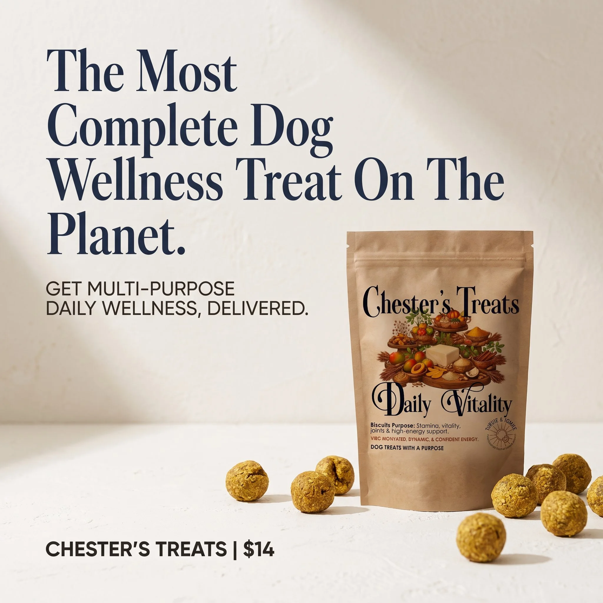 Package of Chester's dog treats labeled Daily Vitality with an illustration of a bowl of fresh fruits and vegetables, placed alongside scattered round dog treats.