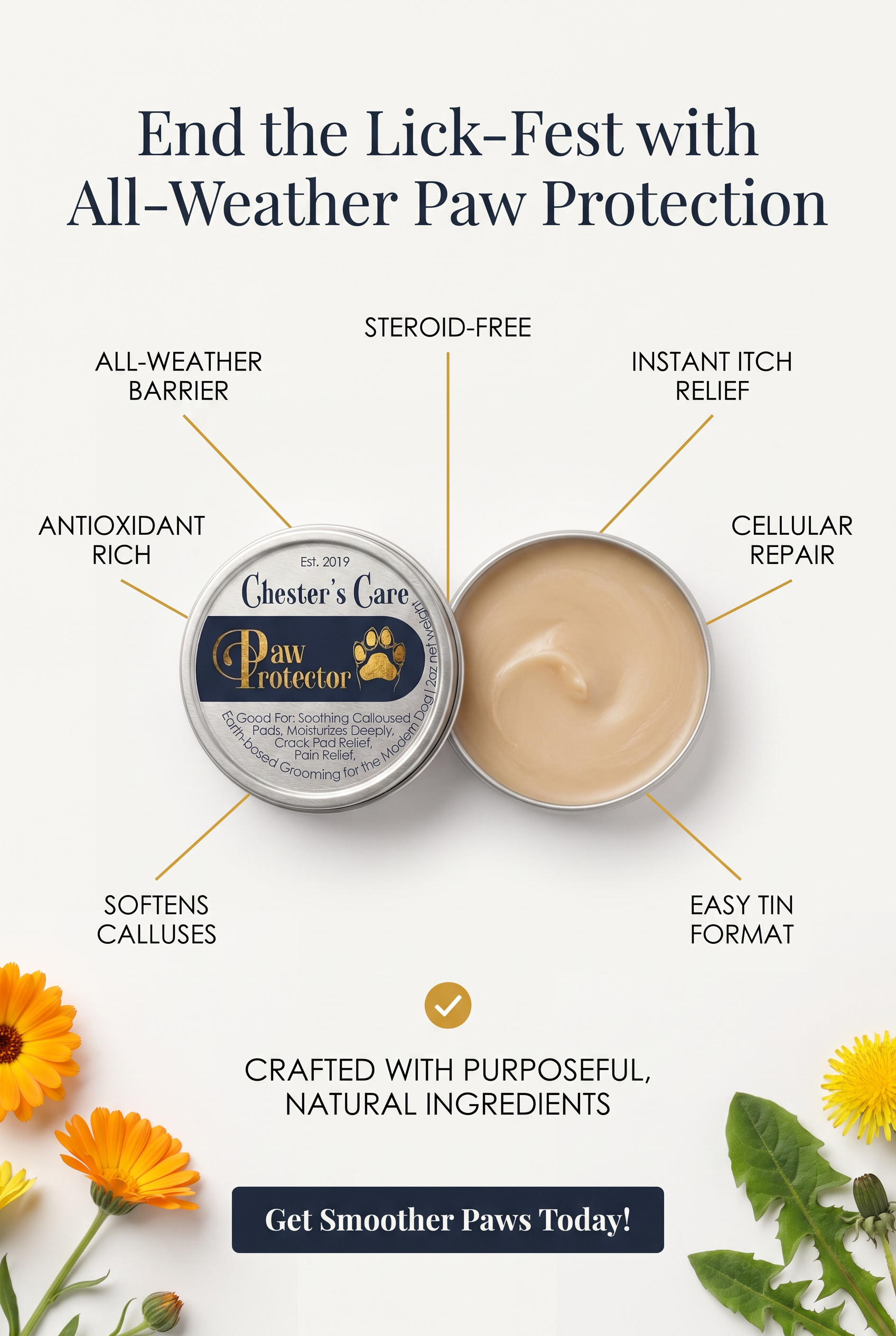 A promotional image for Chester's Care Paw Protector, a dog paw protection product, with features like all-weather barrier, steroid-free, instant itch relief, cellular repair, softens calluses, and easy tin format, surrounded by orange and yellow flo
