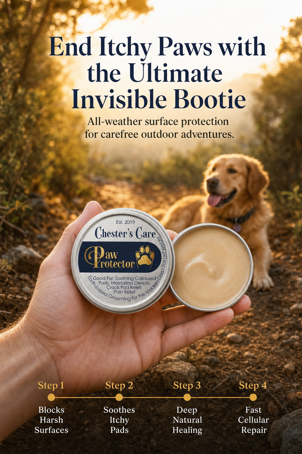A promotional poster for Chester's Care Paw Protector, an all-weather surface protection product for outdoor use with a background image of a dog on a trail at sunset. The poster emphasizes ending itchy paws and features four steps for paw care: bloc