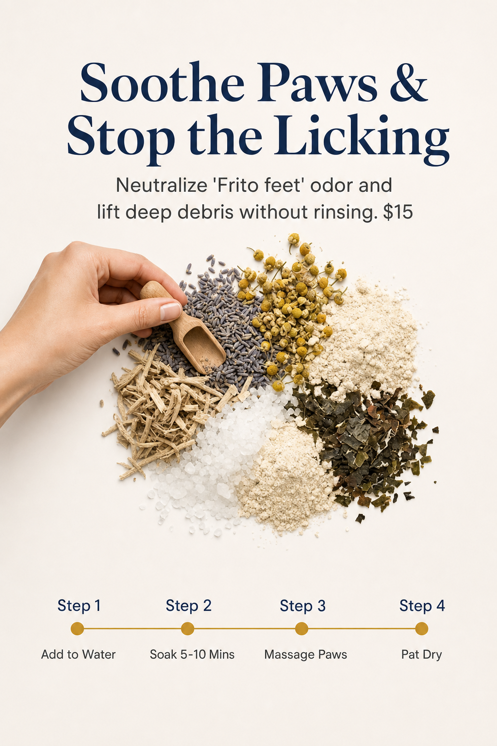 A sign with instructions and ingredients to soothe dog paws, featuring dried herbs, salts, and powders, with a hand holding a scoop over the ingredients.