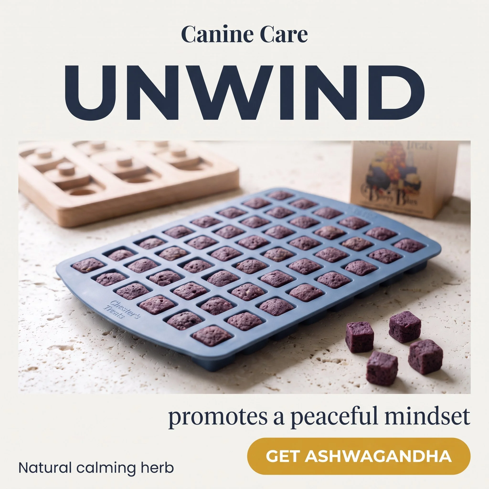 A promotional flyer for canine care features a wooden tray with purple gummies and a blue silicone mold with purple gummies. The flyer includes text promoting the herbal supplement Ashwagandha for peaceful minds and natural calming for dogs, with a c