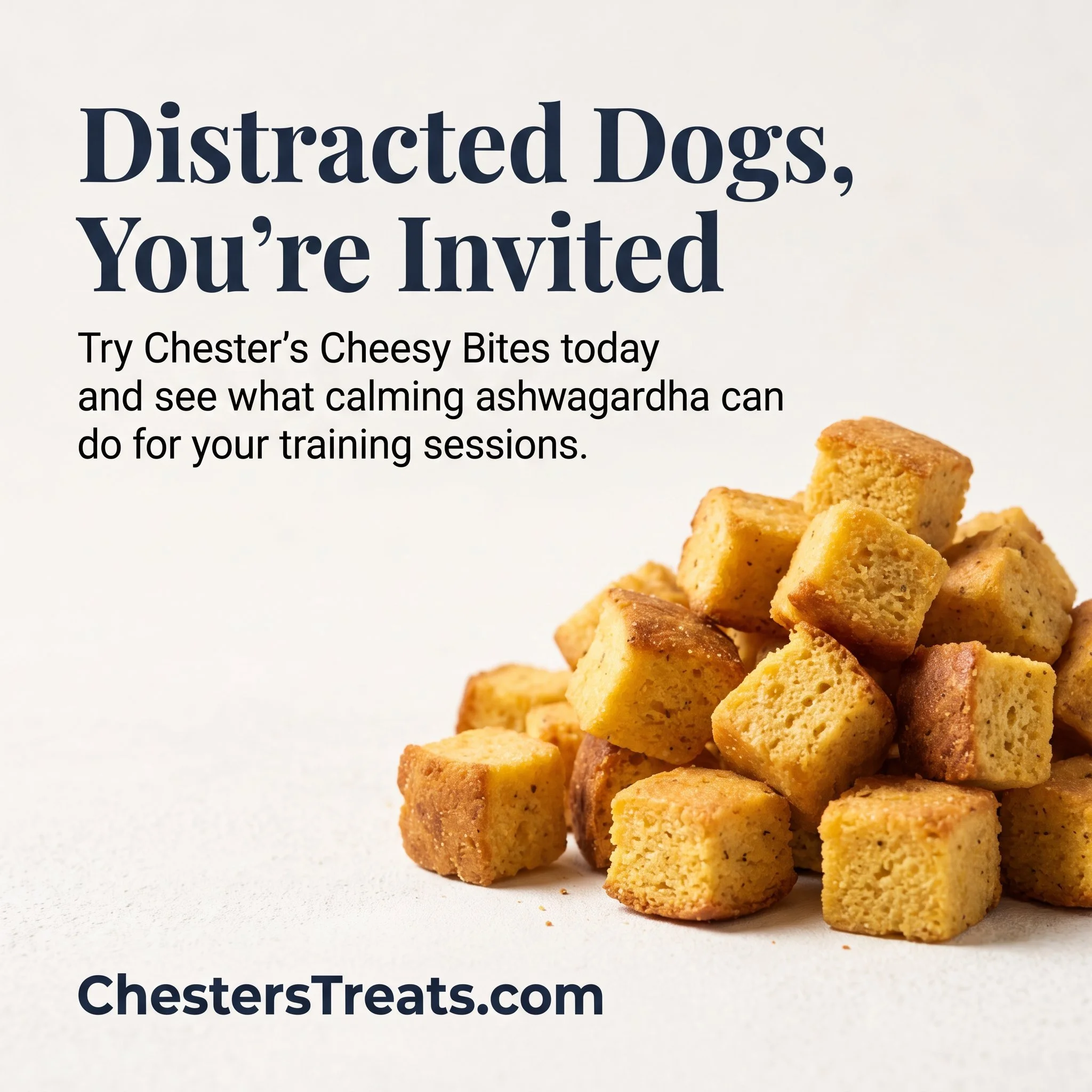 Close-up of a stack of small, square-shaped, golden-brown snack crackers on a white surface with the text 'Distracted Dogs, You’re Invited' and a website link 'ChestersTreats.com' visible.