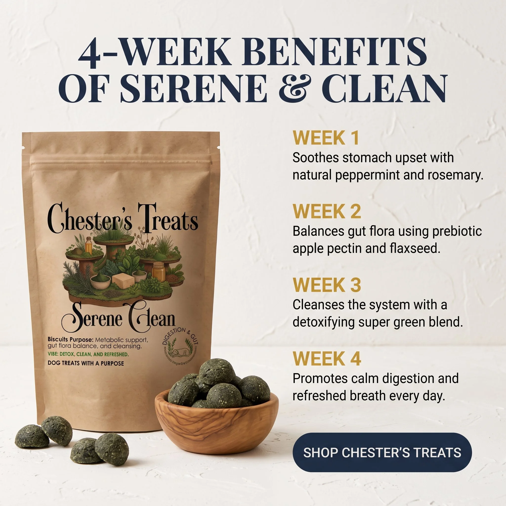 Poster titled '4-week benefits of serene & clean' promoting a 4-week cleansing program using Chester’s Treats, showing a brown paper packet and a small wooden bowl filled with black, green, and gray herbal treats.