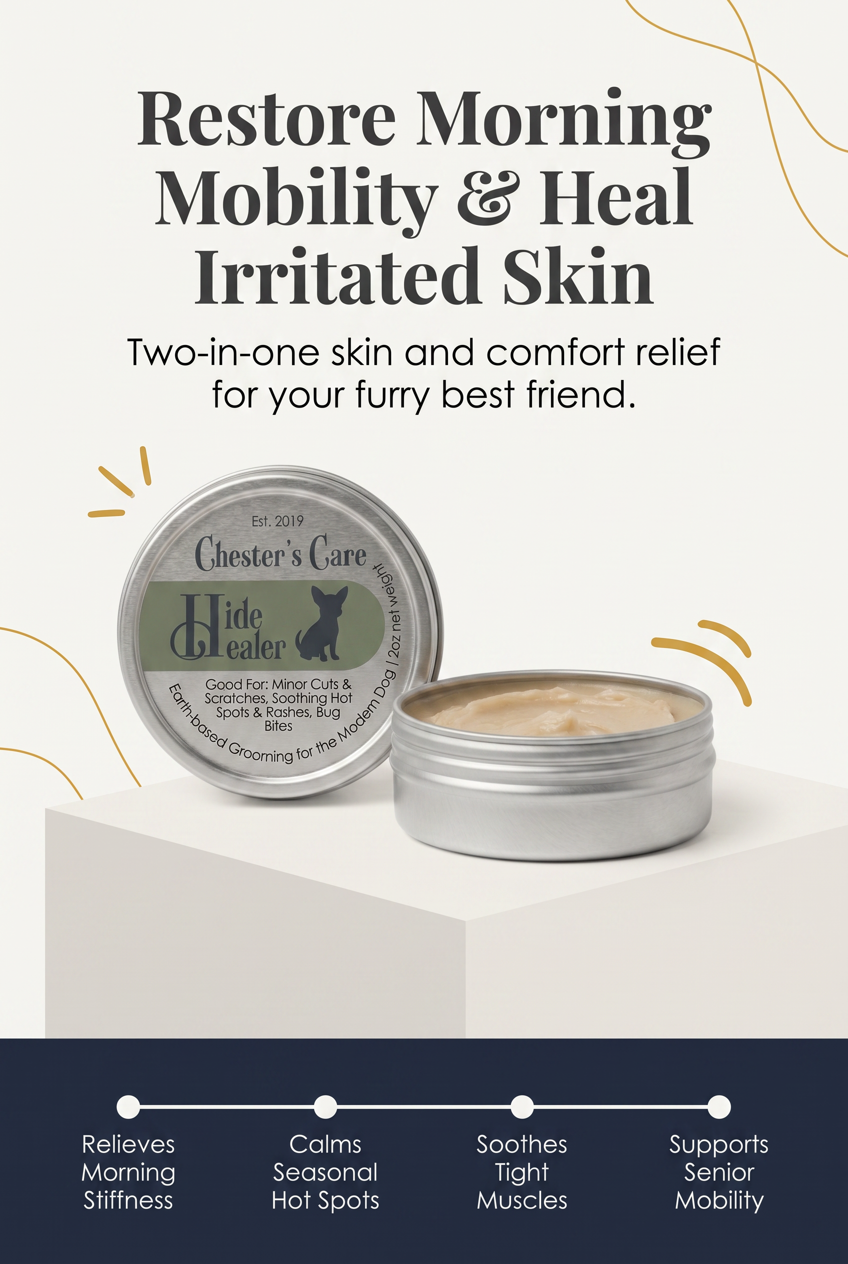 Packaging of Chester’s Care Hide Healer, a dog care product, featuring a circular jar with a gray label and a silhouette of a dog, with text indicating it is suitable for minor cuts, scratches, hot spots, and rashes.