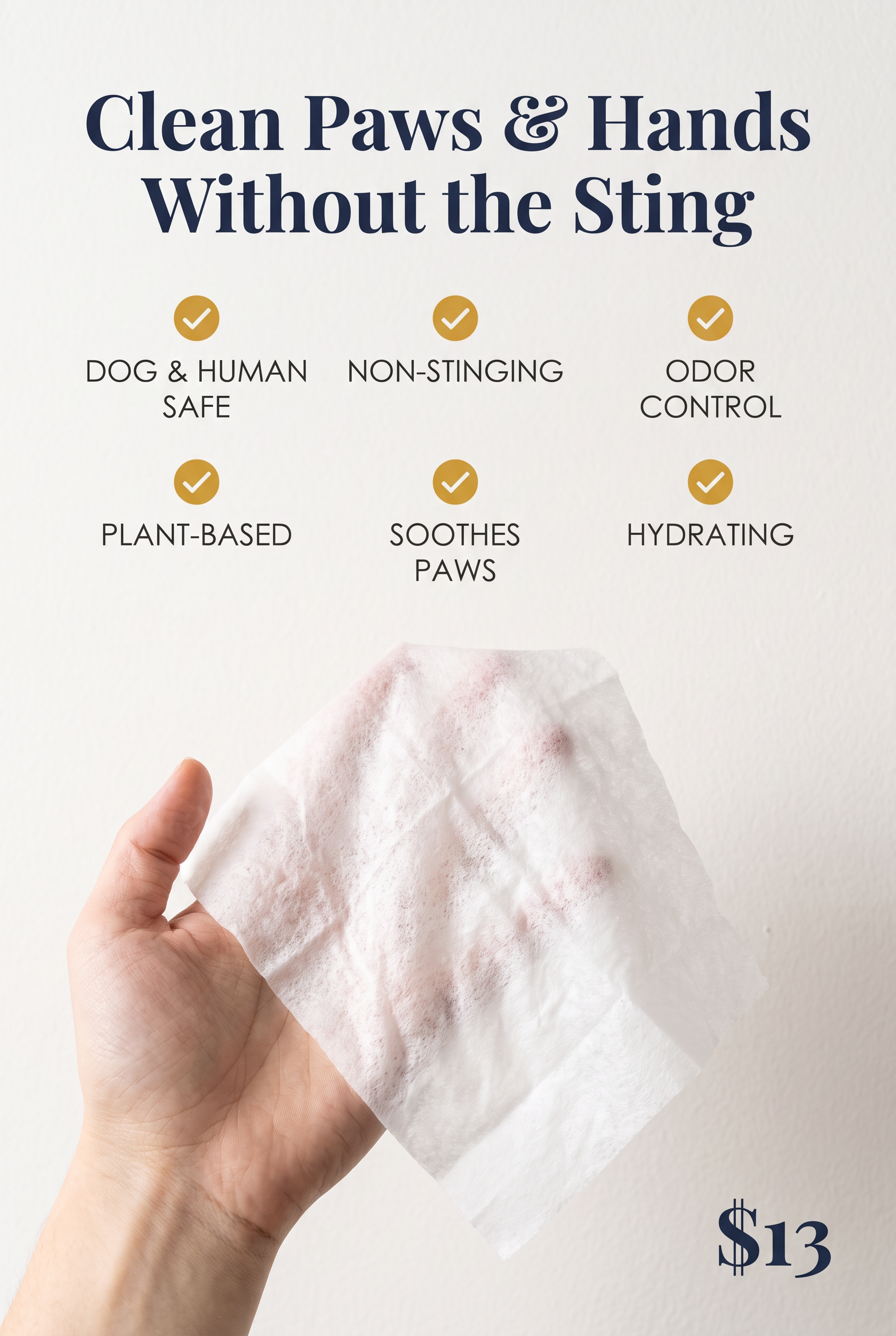 A hand holding a crumpled tissue paper. Text on the image states the slogan 'Clean Paws & Hands Without the Sting' with checkmarks highlighting features: dog and human safe, non-stinging, odor control, plant-based, soothes paws, hydrating. Price show