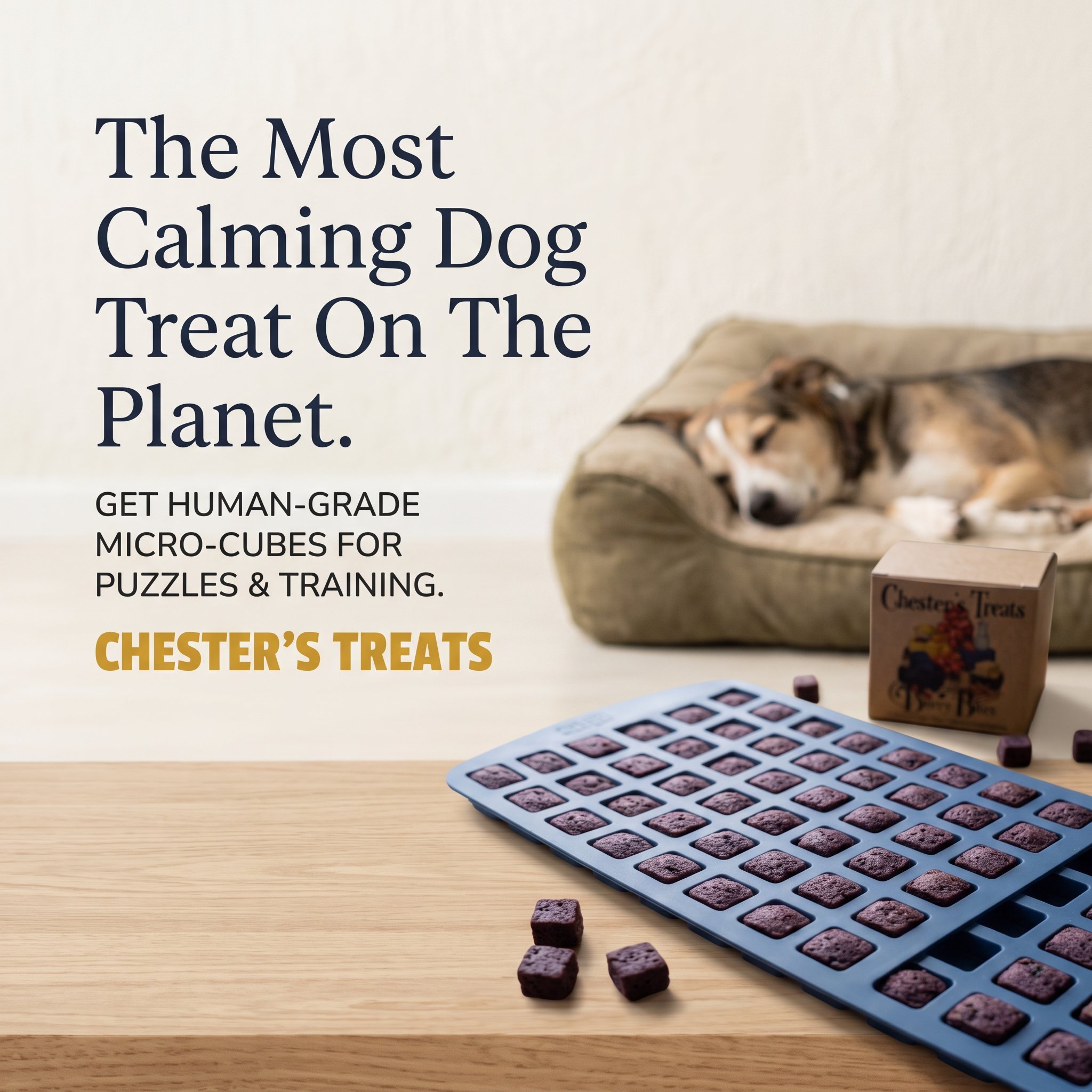 A blue silicone mold with small purple dog treats in individual compartments, some treats are outside the mold on a light wooden surface. There is a partially visible box of Chester's Treats in the background.