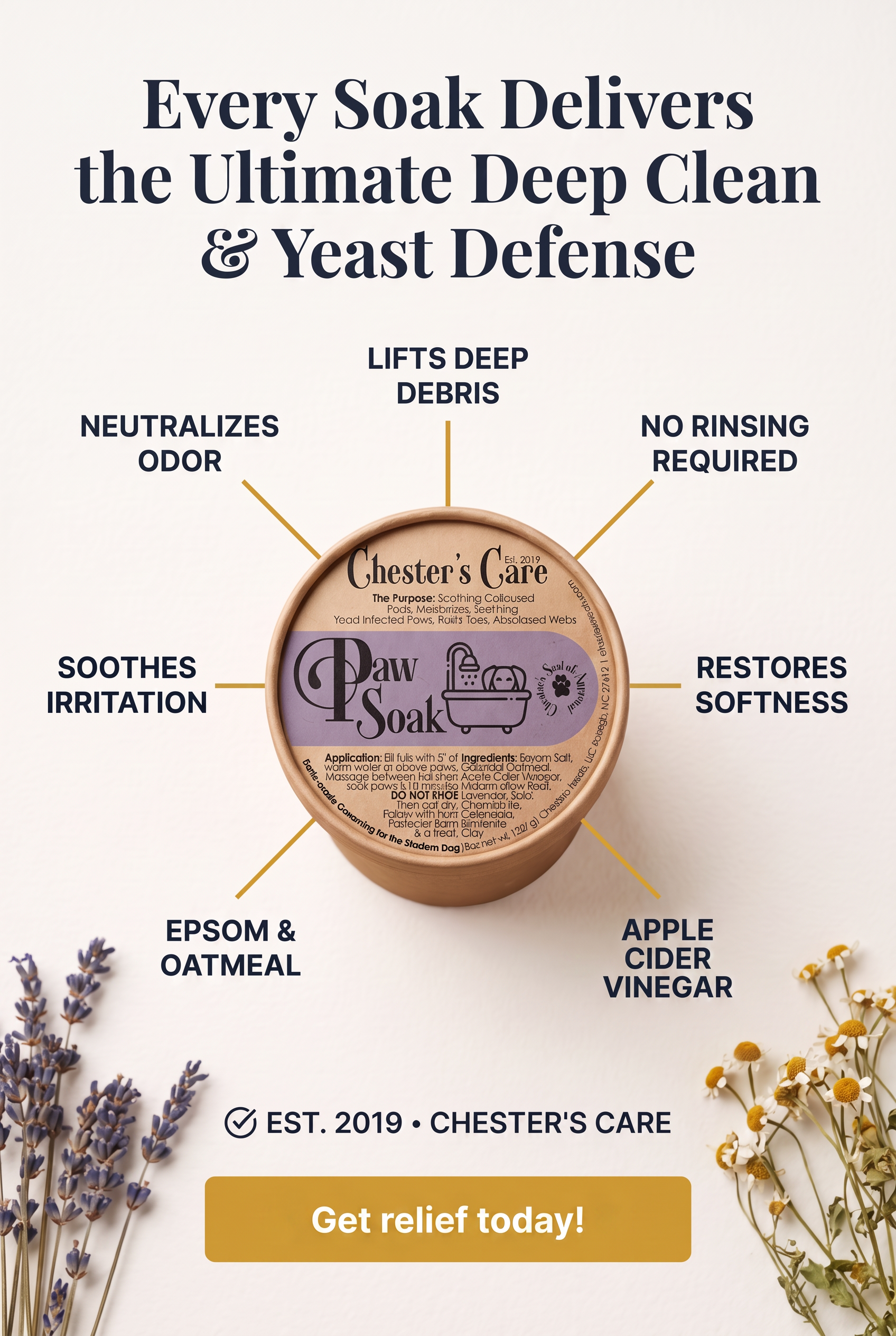 A presentation of Chester’s Care Paw Soak product, a deep cleaning and soothing solution for pets, highlighting benefits like deodorizing, debris lifting, irritation soothing, restoring softness, and being free of rinsing. The product is shown in a r
