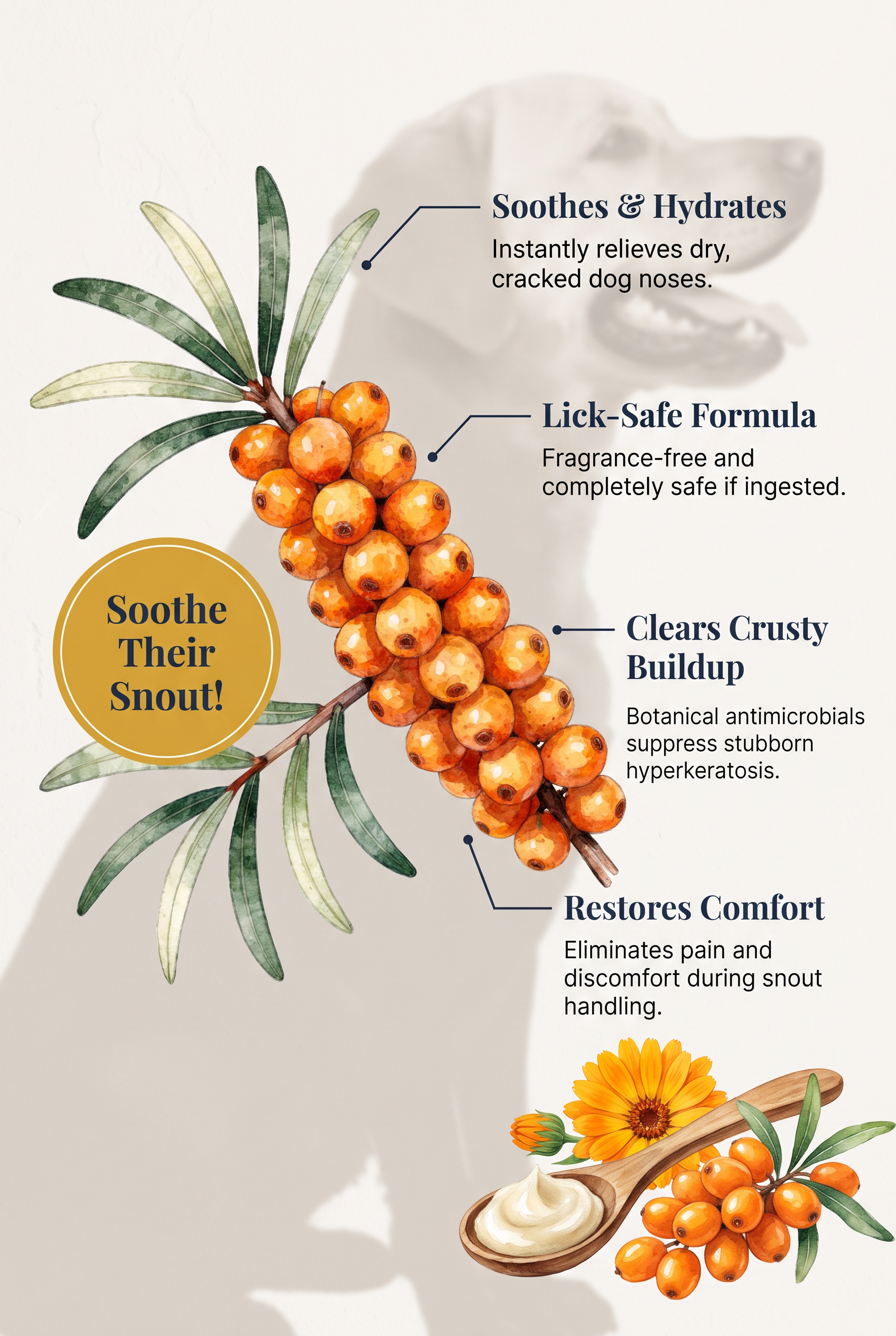 Illustration of sea buckthorn berries on a branch with leaves, demonstrating their soothing, lick-safe, and healing properties for snouts, with text highlighting these benefits.